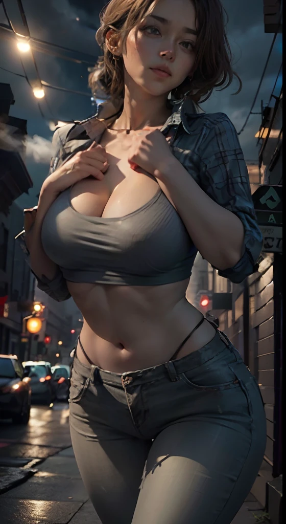 8k, masterpiece, photoralistic, a woman wearing tight shirt and grey pants, skinny fit body, wearing tight simple wide open v chest clothes, open out cleavage, large breast, slim abs, s-body figure, standing on brick street between high building, cityscape, ((in the night), (backlite)), looking from below, cinematic lighting, dramatic, artistic, unique