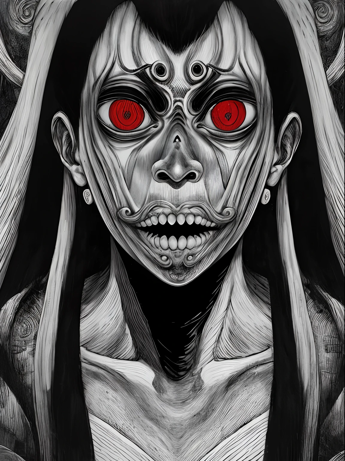 ((Junji Ito:1.5)), detailed black and white manga line art portrait illustration of beautiful grotesque girl), ((warped surreal city in background)), fractal art, scared, horrified, terrified, insane, creepy, unsettling, disturbing, body horror, (horror manga style), twisted, warped, psychological horror, grotesque, morbid, surreal, (inspired by H.R.Giger)