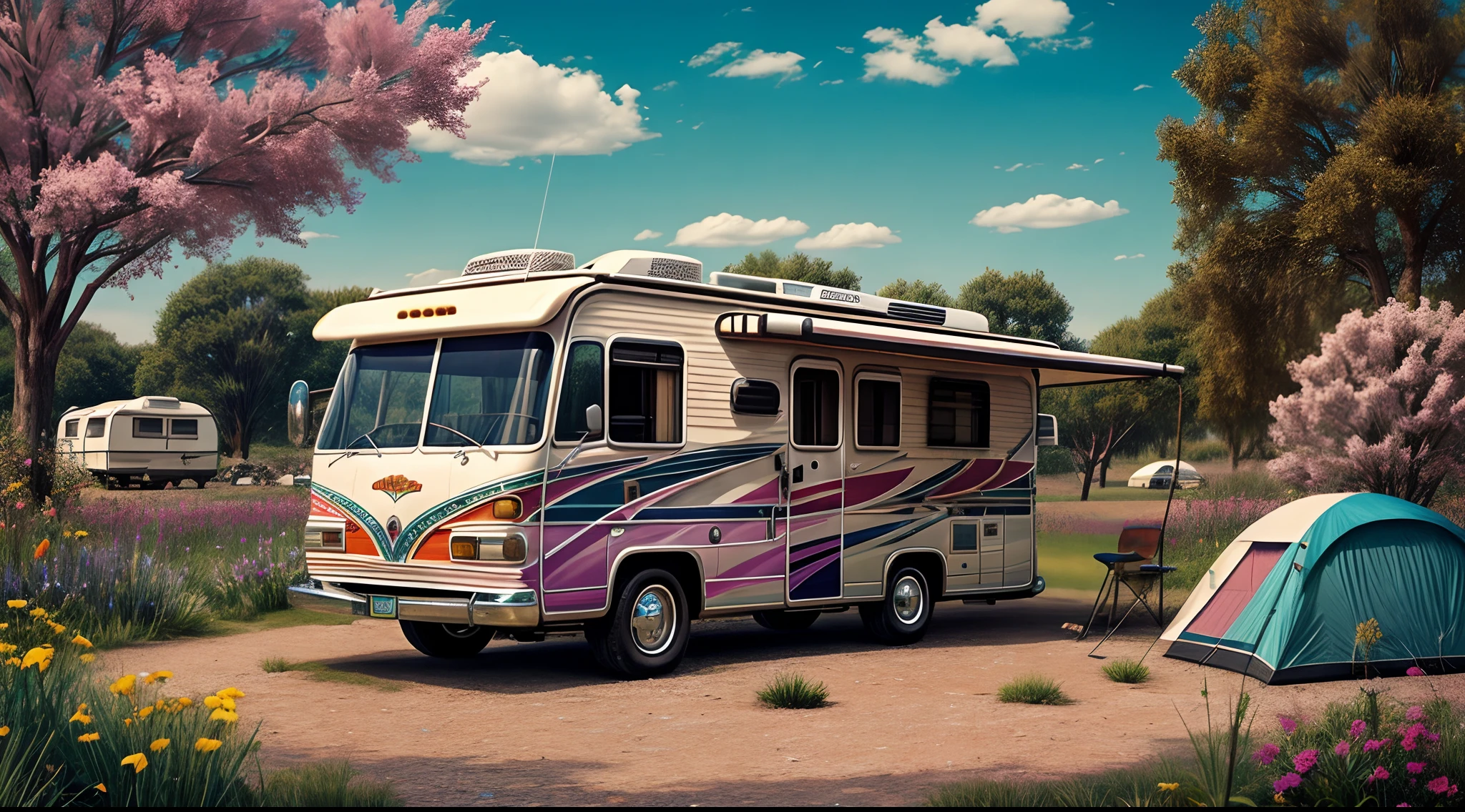 A view of an old and hippy motorhome from the outside, adorned with colorful flowers and painted in vibrant, retro patterns, parked in a bohemian-style campsite surrounded by like-minded free spirits, Illustration, digital art with a psychedelic and whimsical flair,