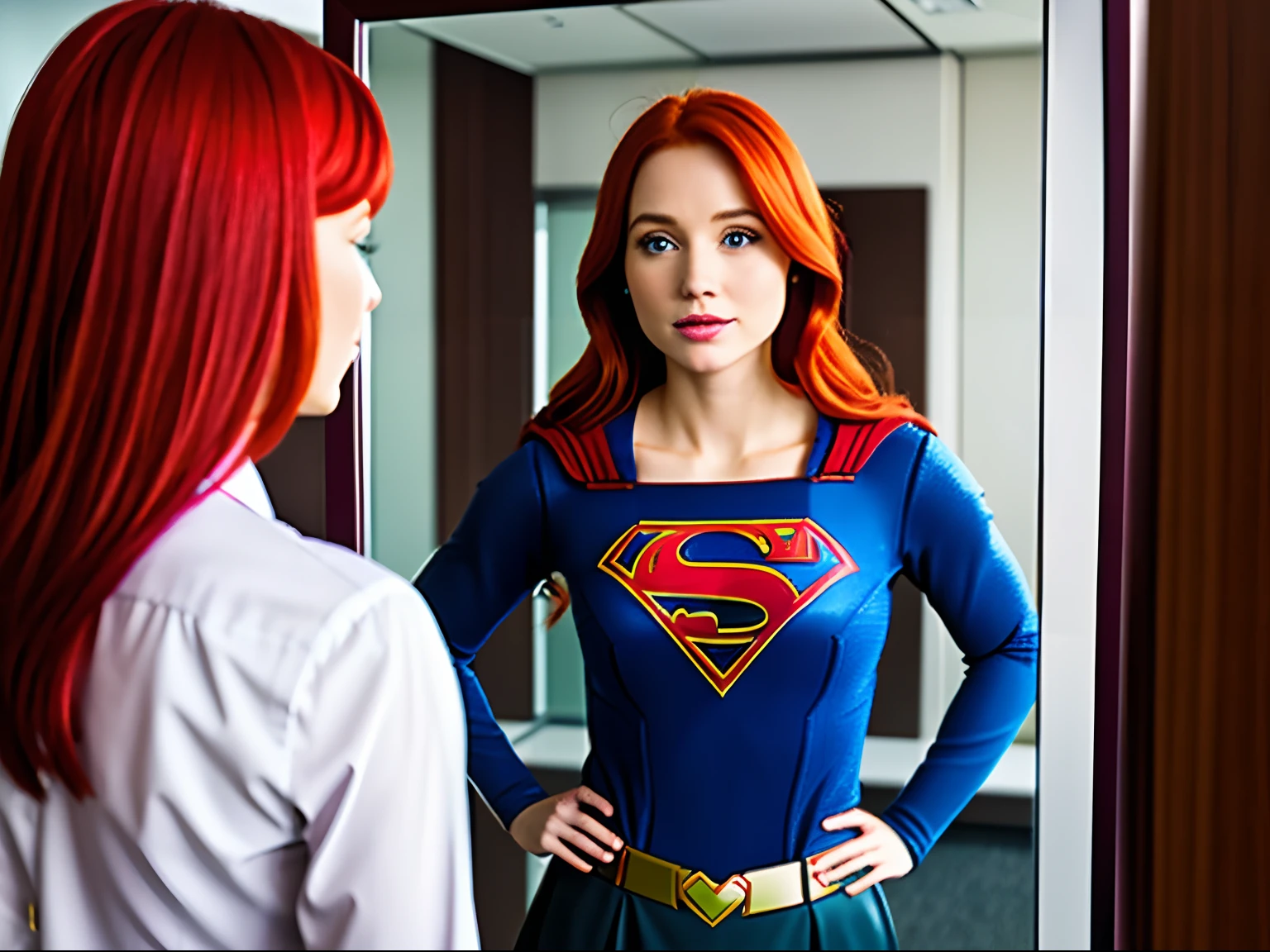 A red haired office worker looking into a mirror, her reflection is Supergirl