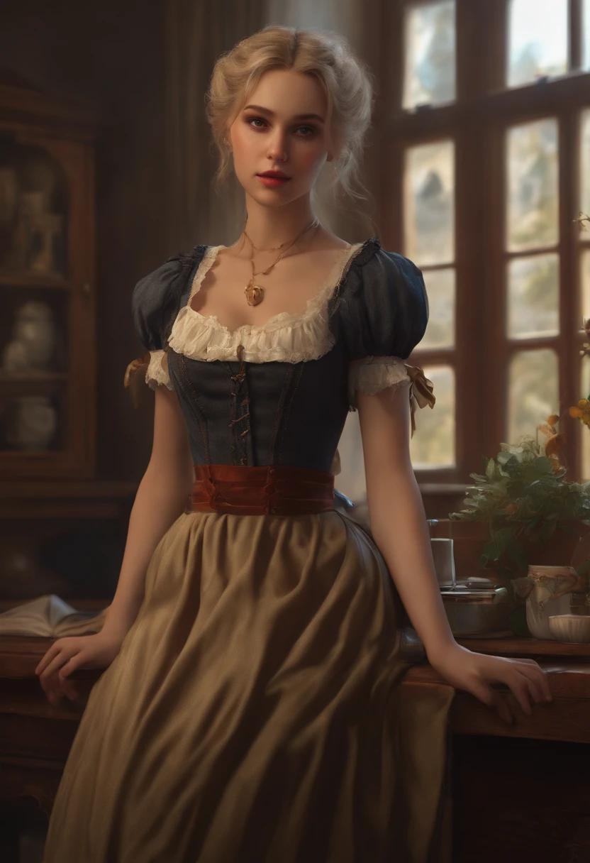 14-year-old girl in maid outfit with big breasts (Gothic style) torn skirt golden body proportion messy blond hair (inner splayed feet) (very detailed CG unity 8k wallpaper) big breasts torn skirt ruddy and shy Ed Blinkey America's most beautiful body art, ATey Ghailan, painting by Jeremy Professional Gorgeous Mann, Greg Manches, Antonio Moro, Artstation Trends, CGSOC IETY TRENDS, intricate, tall detailed, accurate, dramatic realism art, cg, 3d, 8k 4k