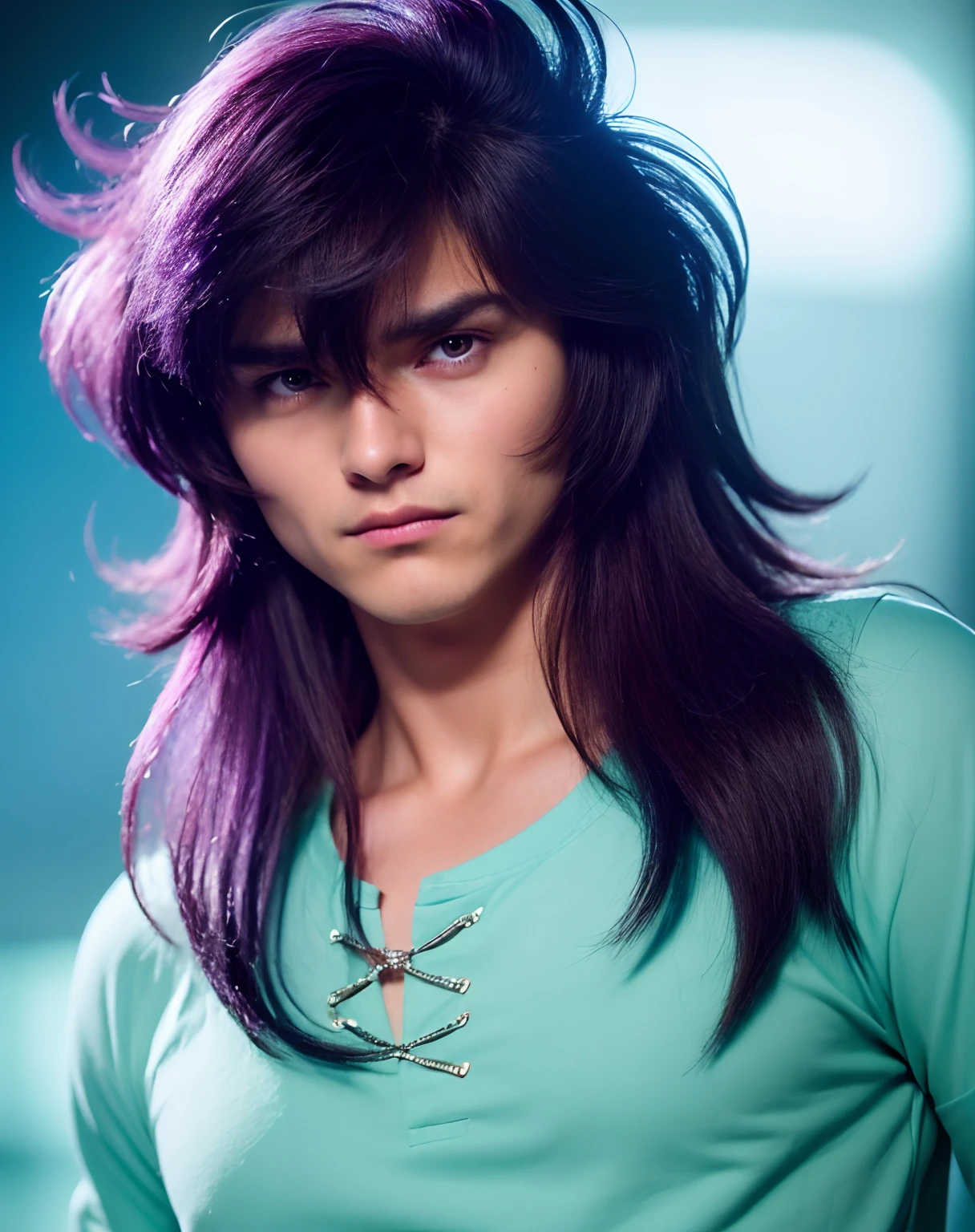 Cinematic stunningly detailed and ultra-realistic Milo Scorpio of Saint Seiya. Close up. He is wearing a light blue t-shirt. Octane is the perfect tool to capture the softest details of this 16k photography masterpiece. He is a handsome caucasian man about ((30 years old)). 1boy. Beautiful face. Detailed face. Beautiful nose. (Pretty big turquoise eyes). Perfect eyes. Defined eyes. Shaved. He has purple blue long hair. Messy hair. ((pretty big turquoise eyes)). ((Shaved)). . He is staring his enemy.