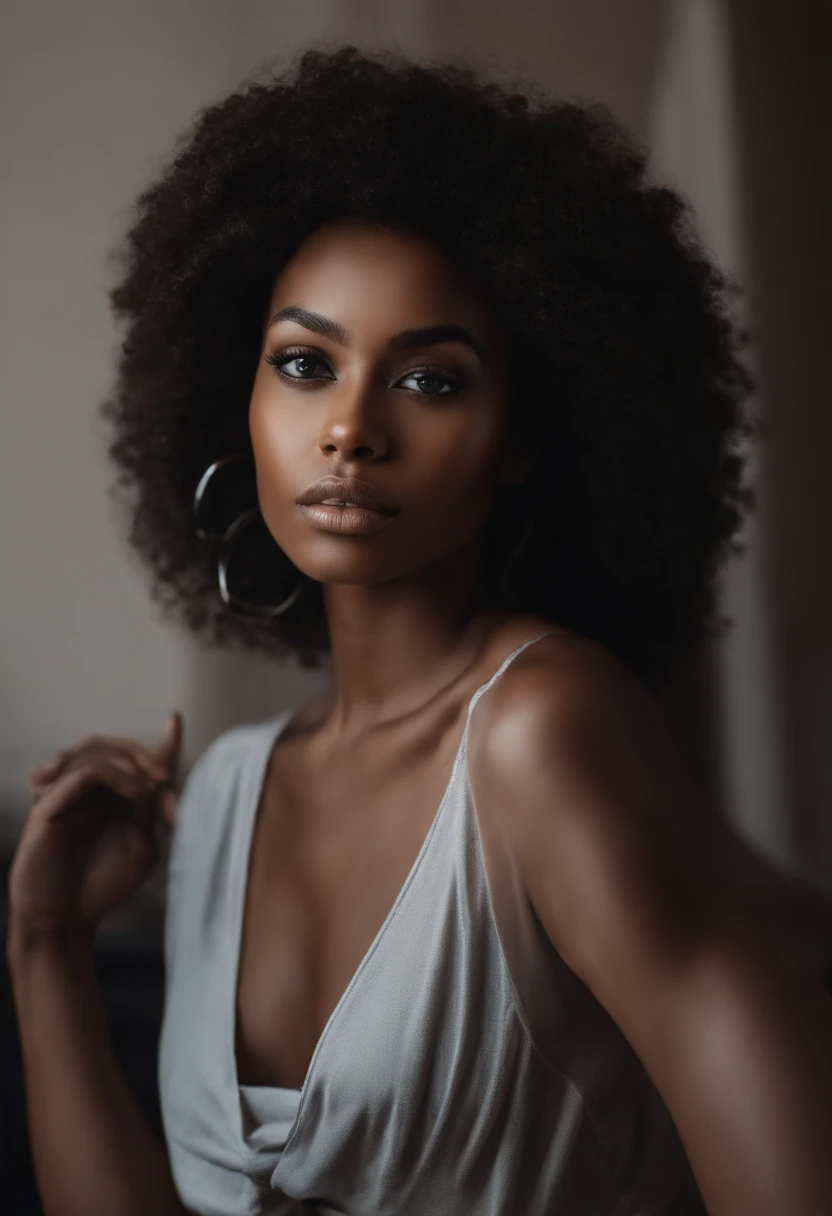 Femme africaine, fille sexy aux yeux bruns, ultra realist, Meticulously detailed, Portrait jasmin grant, cheveux bruns et noir et grands yeux, selfie of a young woman, Yeux de chambre, sans maquillage, maquillage naturel, looking straight at camera, Visage avec Artgram, Maquillage subtil, Superbe photo du corps entier, Avec une formes guitarre