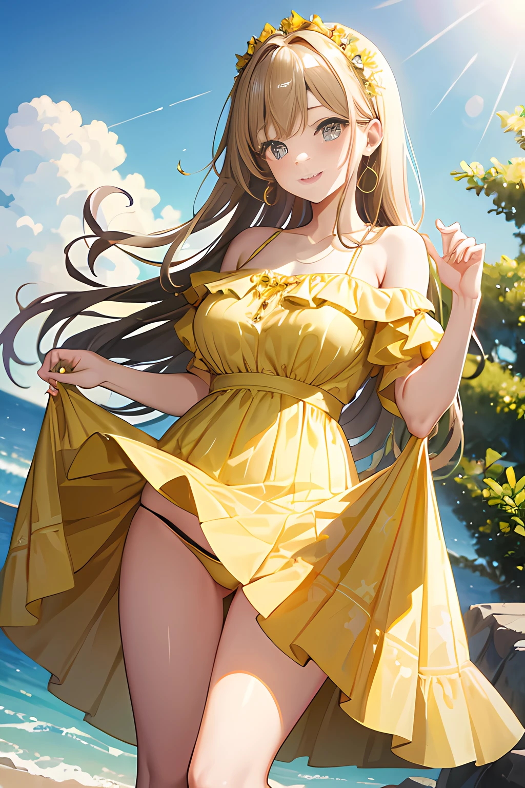 masterpiece, best quality, beautiful woman, beautiful smile, on a windy day, she lifts her pleated patterned yellow dress up high, baring her legs and showing her panties, bare-chested, big eyes