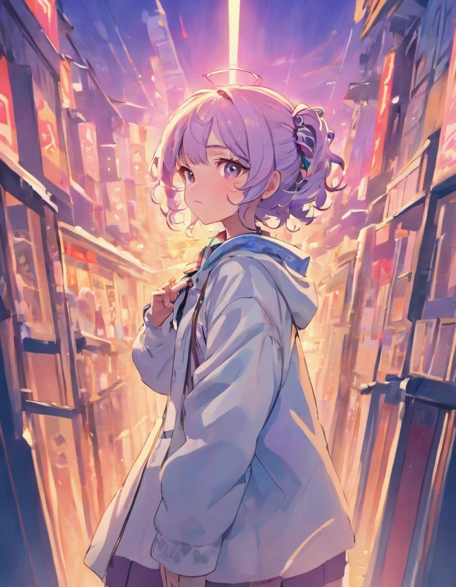 Masterpiece, Best picture quality, Extreme vividness, Anime girl with curly ponytail, petite figure, white functional coat, small, blue-purple gradient ski goggles, cyberpunk, gray hair, natural casual style, dynamic stance, golden section, portrait with large aperture, cool tones, strong visual impact, white space, light and shadow contrast, super texture, sunset afterglow, super clear picture, simple picture