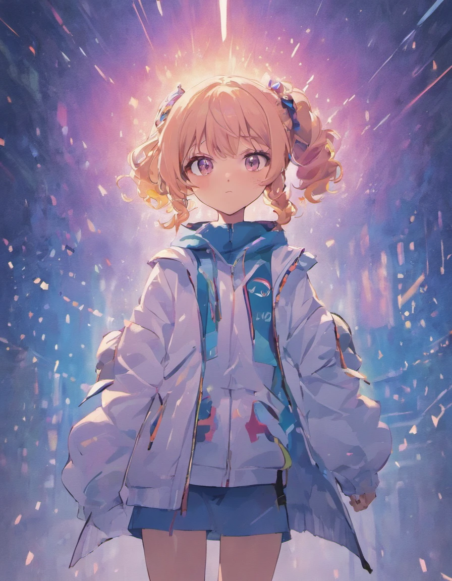 Masterpiece, Best picture quality, Extreme vividness, Anime girl with curly ponytail, petite figure, white functional coat, small, blue-purple gradient ski goggles, cyberpunk, gray hair, natural casual style, dynamic stance, golden section, portrait with large aperture, cool tones, strong visual impact, white space, light and shadow contrast, super texture, sunset afterglow, super clear picture, simple picture