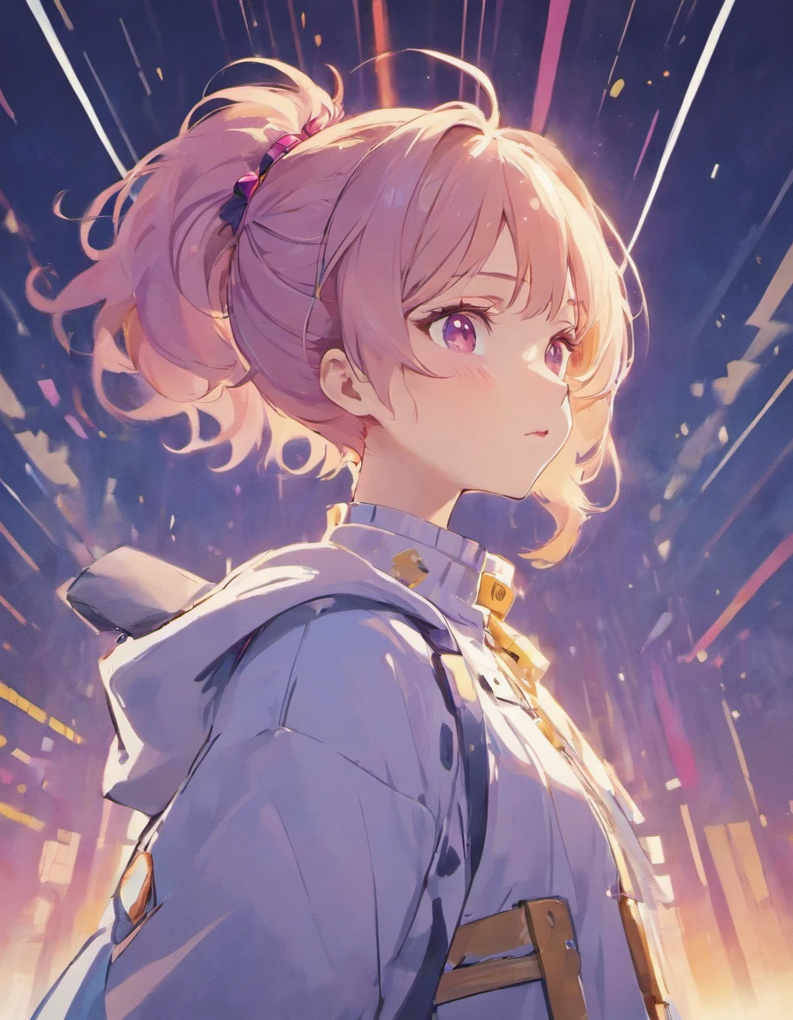 Masterpiece, Best picture quality, Extreme vividness, Anime girl with curly ponytail, petite figure, white functional coat, small, blue-purple gradient ski goggles, cyberpunk, gray hair, natural casual style, dynamic stance, golden section, portrait with large aperture, cool tones, strong visual impact, white space, light and shadow contrast, super texture, sunset afterglow, super clear picture, simple picture