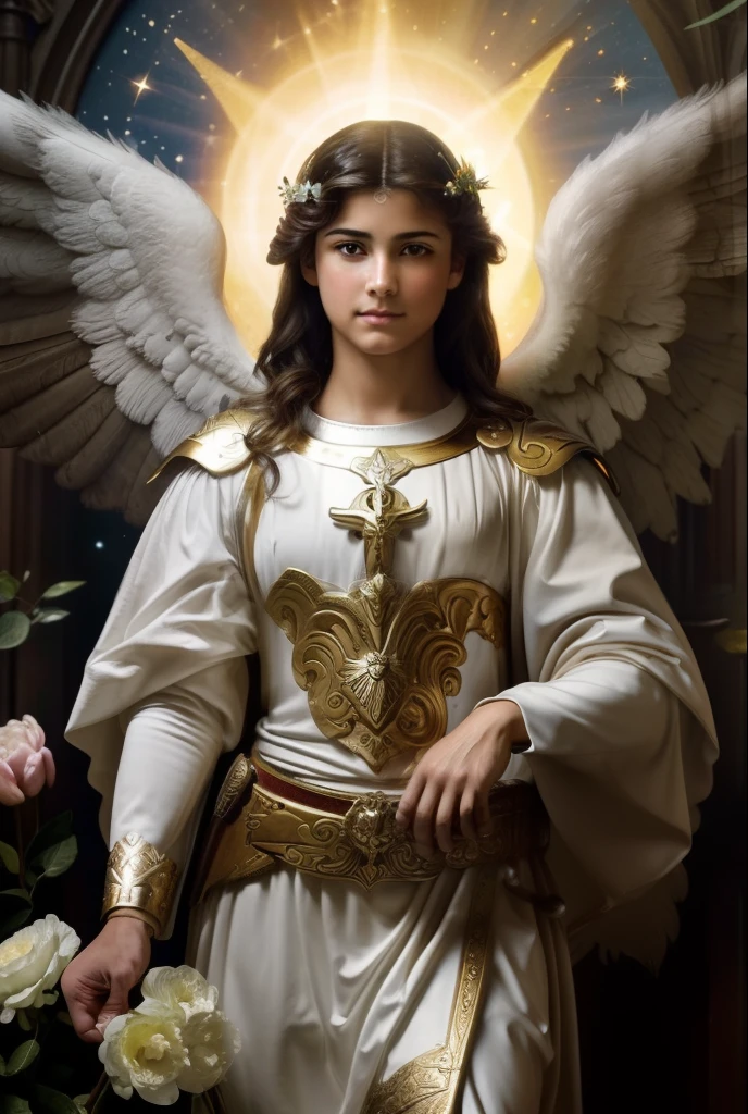 (((Blessed SAINT MICHAEL ARCHANGEL))) Luminoso, en estilo similar al del artista WILLIAM ADOLPHE BOUGUEREAU, obra maestra, (La mejor calidad: 1.2), (super fine: 1.2), illustration, (extremadamente delicado y hermoso: 1.2), movie angle, flotante, (Hermoso ojo de detalle: 1.1), (detalle luz: 1.1), Movie Lights, Cielo delicado, ojos azules, (Cola de caballo alta: 1.1), capa, ojuelos, cielo estrellado, (light particles: 1.1) dibujo, flor. (obra maestra), (La mejor calidad), (fotorrealista:1.3), 8k, Textura detallada de la piel, Textura detallada de la tela, hermosa cara detallada, Detalles intrincados, ultra detallado (cuerpo de cuerpo entero:1.2)