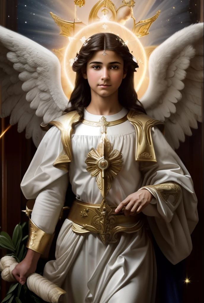 (((Blessed SAINT MICHAEL ARCHANGEL))) Luminoso, en estilo similar al del artista WILLIAM ADOLPHE BOUGUEREAU, obra maestra, (La mejor calidad: 1.2), (super fine: 1.2), illustration, (extremadamente delicado y hermoso: 1.2), movie angle, flotante, (Hermoso ojo de detalle: 1.1), (detalle luz: 1.1), Movie Lights, Cielo delicado, ojos azules, (Cola de caballo alta: 1.1), capa, ojuelos, cielo estrellado, (light particles: 1.1) dibujo, flor. (obra maestra), (La mejor calidad), (fotorrealista:1.3), 8k, Textura detallada de la piel, Textura detallada de la tela, hermosa cara detallada, Detalles intrincados, ultra detallado (cuerpo de cuerpo entero:1.2)