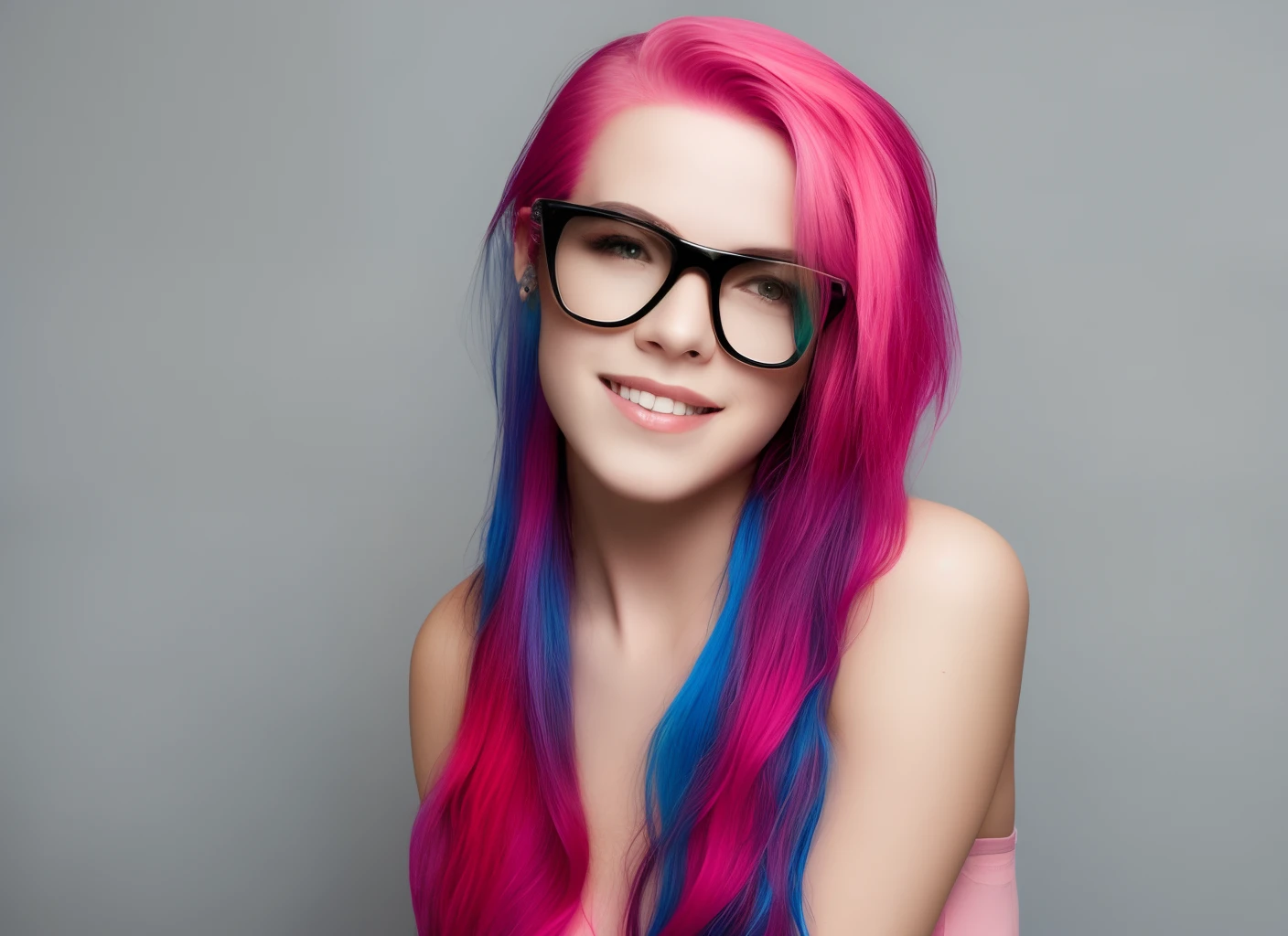 Pink Hair, Bob Hair, Blue Eyes, Glasses