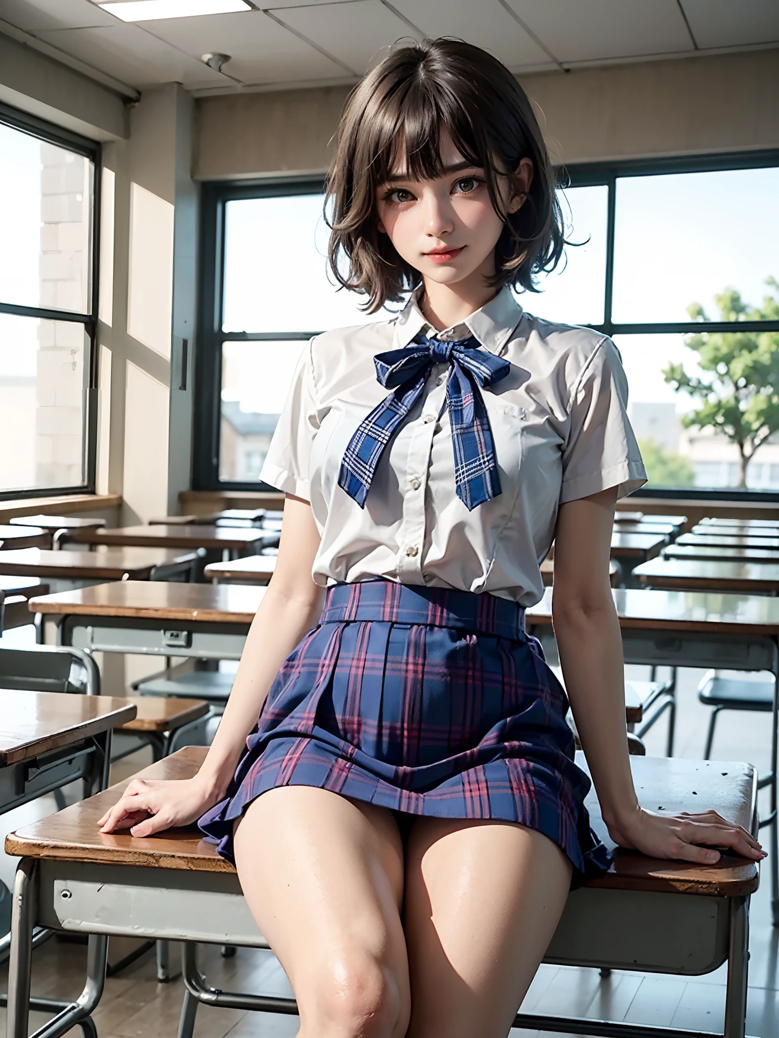 (​masterpiece、top-quality:1.2), Surreal Schoolgirl, 独奏, 1girl in, Yukinoshita Yukino, (shinny skin、wetted skin:1.2), Wearing sweat, I'm smiling really happily, Watch your audience carefully, all-fours, 校服, white  shirt, plaid skirts, thighs thighs thighs thighs, PM, Classroom Surreal High School Girl、Very tall woman、short hair with clean bangs of 46 points,,,,、the neck is long、Put your ears out、Distinct double eyelids、big eye、The beauty of the golden ratio、Perfect Anatomy、Perfect and detailed body