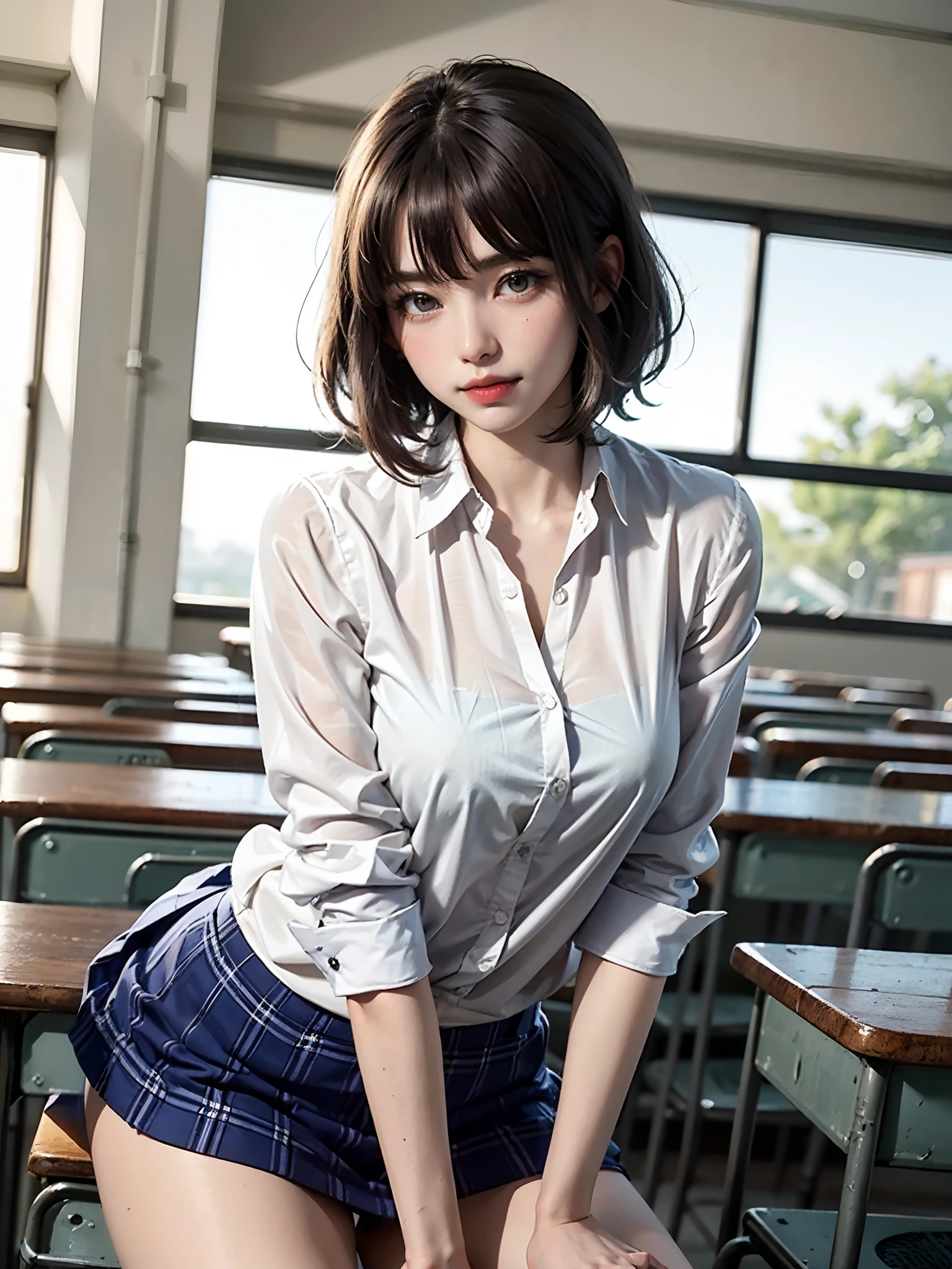 (masterpiece、top-quality:1.2), Surreal Schoolgirl, 独奏, 1girl in, Yukinoshita Yukino, (shinny skin、wetted skin:1.2), Wearing sweat, I'm smiling really happily, Watch your audience carefully, all-fours, 校服, white shirt, plaid skirts, thighs thighs thighs thighs, PM, Classroom Surreal High School Girl、Very tall woman、short hair with clean bangs of 46 points,、the neck is long、Put your ears out、Distinct double eyelids、big eye、The beauty of the golden ratio、Perfect Anatomy、Perfect and detailed body