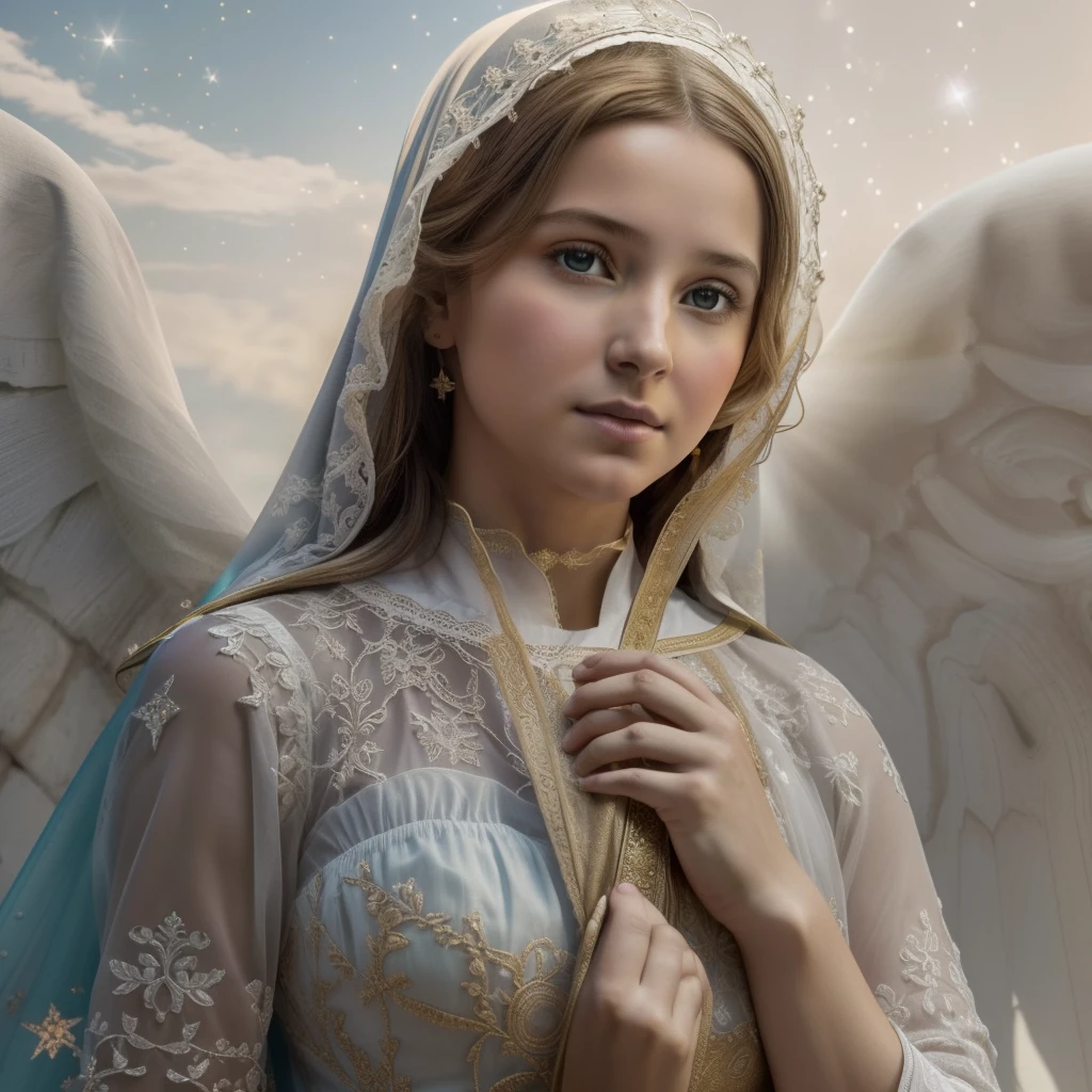 (((Blessed Virgin Mary))) Luminoso, en estilo similar al del artista WILLIAM ADOLPHE BOUGUEREAU, obra maestra, (La mejor calidad: 1.2), (super fine: 1.2), illustration, (extremadamente delicado y hermoso: 1.2), movie angle, flotante, (Hermoso ojo de detalle: 1.1), (detalle luz: 1.1), Movie Lights, Cielo delicado, ojos azules, (Cola de caballo alta: 1.1), capa, ojuelos, cielo estrellado, (light particles: 1.1) dibujo, flor. (obra maestra), (La mejor calidad), (fotorrealista:1.3), 8k, Textura detallada de la piel, Textura detallada de la tela, hermosa cara detallada, Detalles intrincados, ultra detallado (cuerpo de cuerpo entero:1.2)