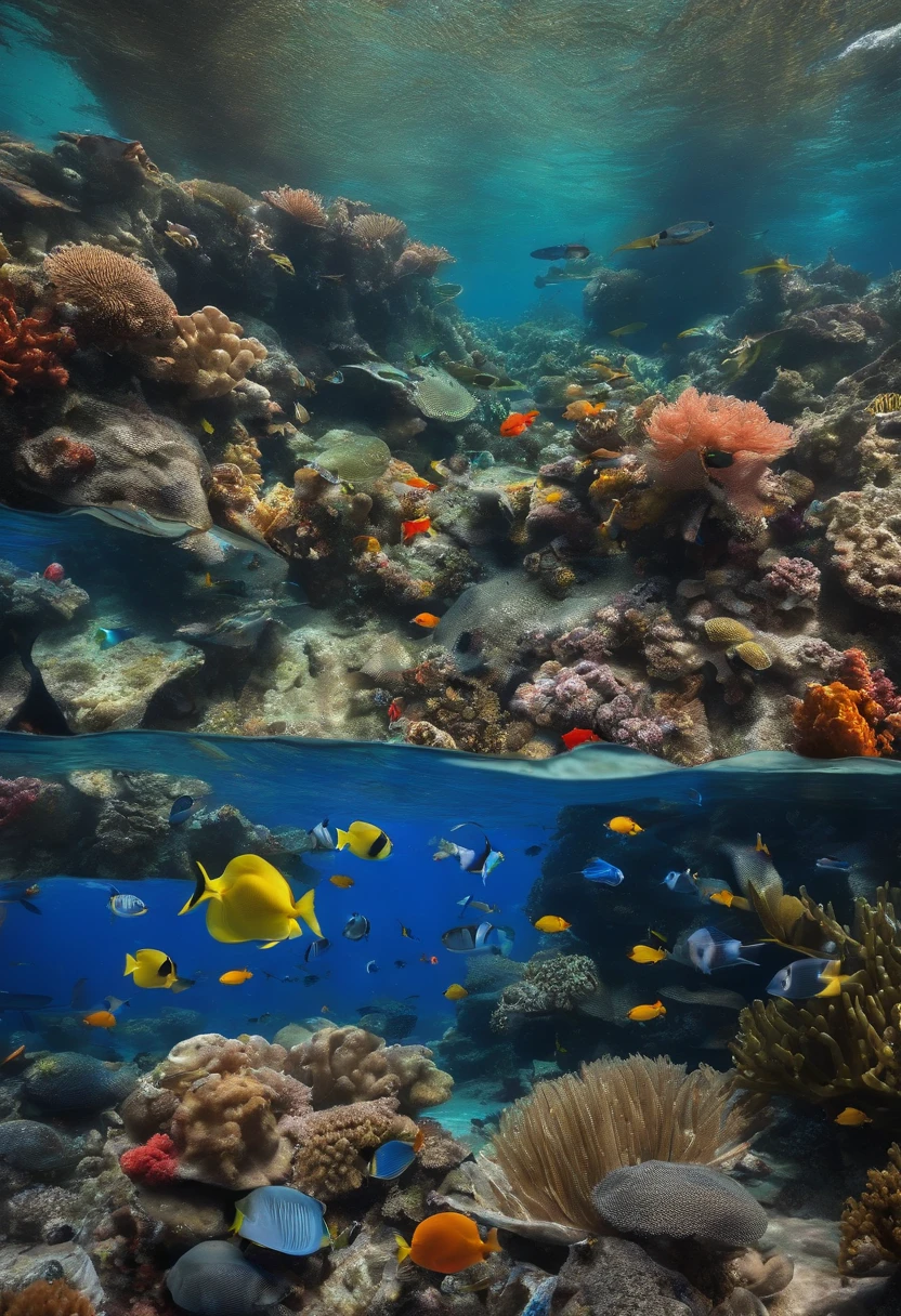 a coral reef with many colorful fish surrounded by all kinds of plastics such as bottles, soda cans, etc. There is also a sign on which it is written: less plastic, more life