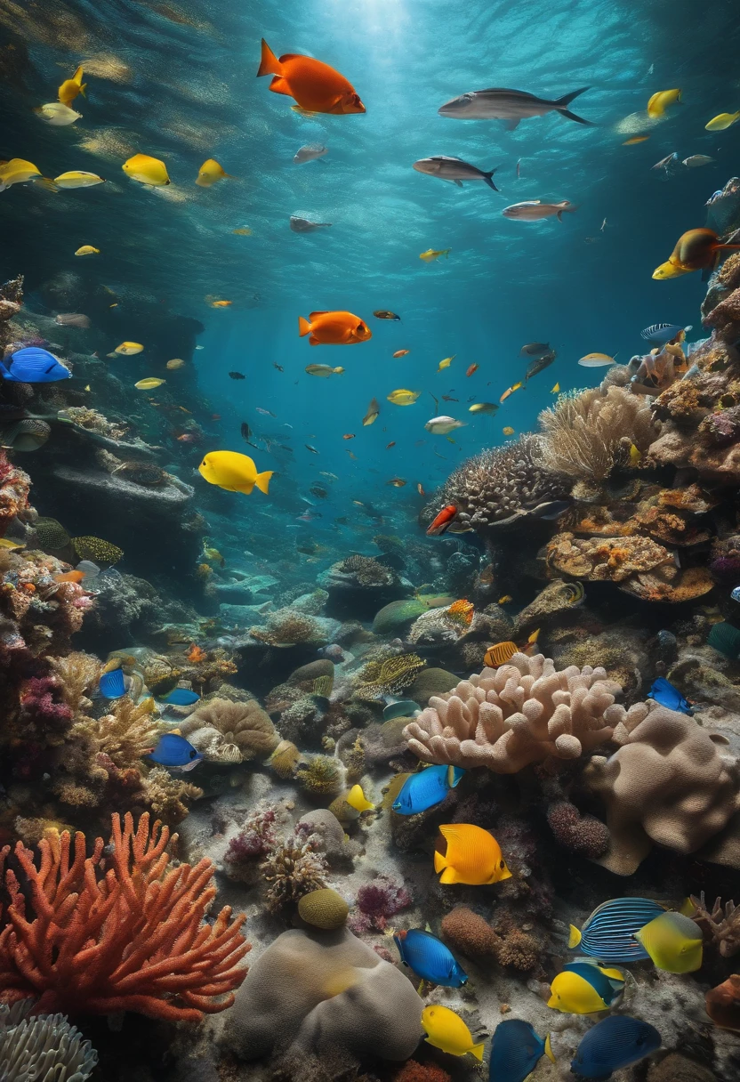 a coral reef with many colorful fish surrounded by all kinds of plastics such as bottles, soda cans, etc. There is also a sign on which it is written: less plastic, more life