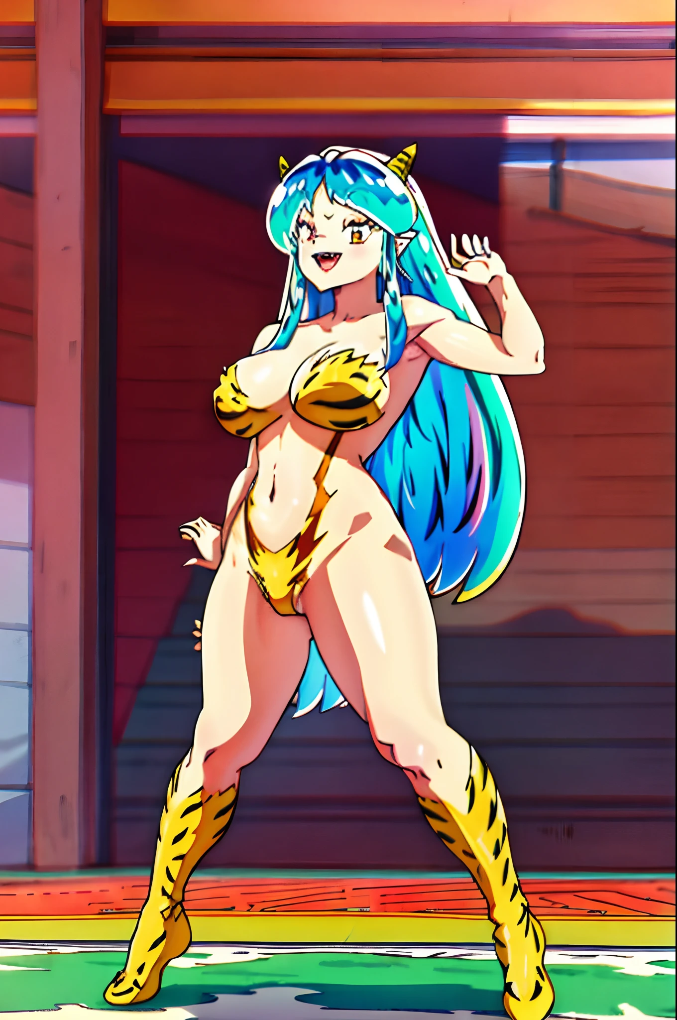 lum, ,STANDING oni, smile,, full body, sentai,horns, curvy, big breast, open mouth teeths, fangs,(best quality,4k,8k,highres,masterpiece:1.2),mega-detailed,(,1.37),portraits,vivid colors,warm tones,soft lighting, immovile posE, NAKED ,BIG NIPPLES, naked, nipples