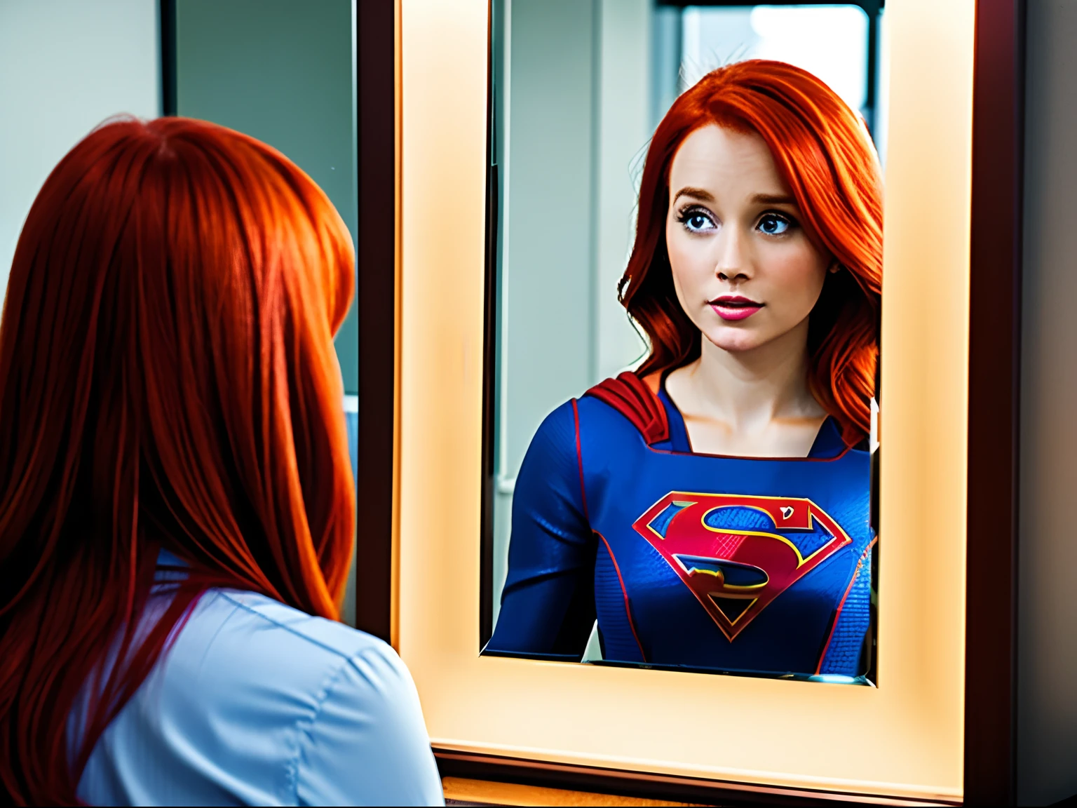A red haired office worker looking into a mirror, her reflection is Supergirl