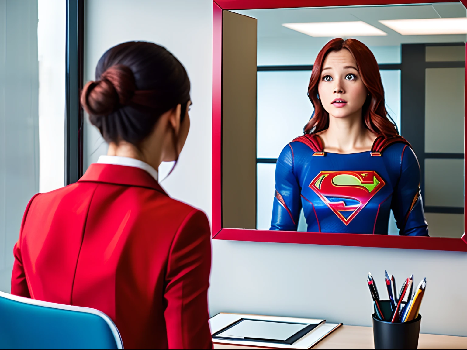 A red gaired office worker looking into a mirror, her reflection is Supergirl