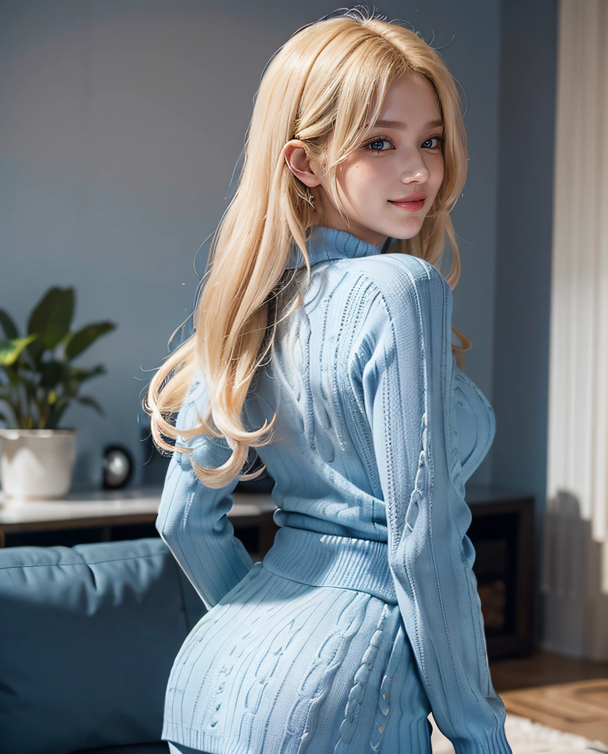 1girl, Blue eyes, (smiling), (Sana Minatozaki), wide hips, Big Boobs, big ass, (Best Quality, 8k, Masterpiece: 1.3), perfect hands, Clear Focus: 1.2, Perfect Body Beauty: 1.4 , Slender Abs: 1.2, Highly detailed face and skin texture, detailed eyes, double eyelids, (blonde long hair), (light blue long sweater with long sleeves :1.3), (black cotton leggings :1.2), standing, dynamic pose, look back, view from back, in a living room, deep on field