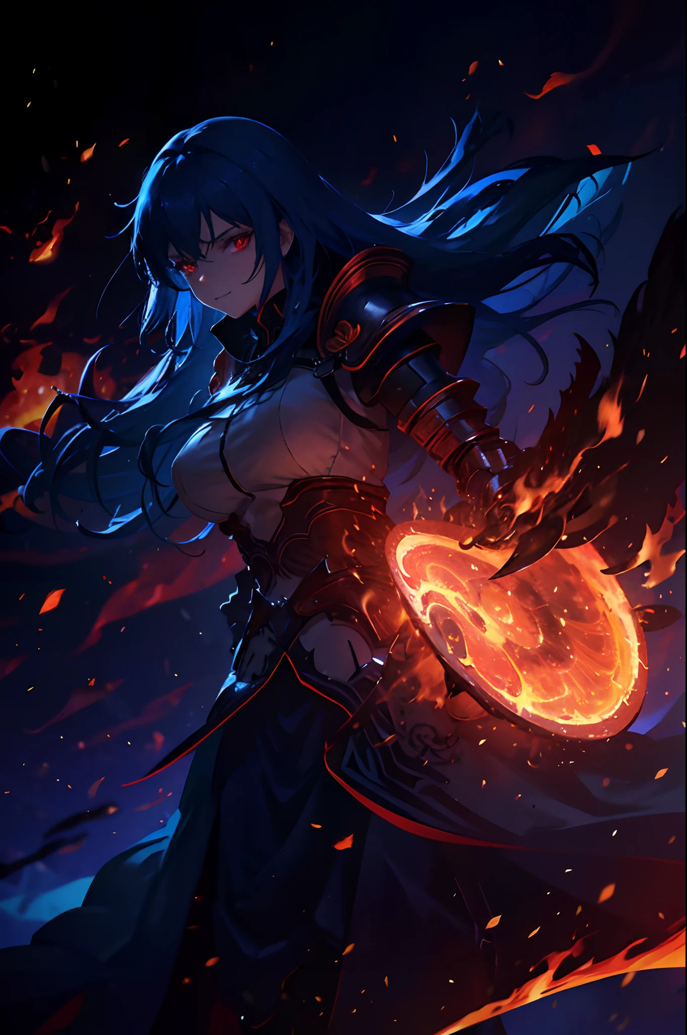 1 girl, solo, young child, huge breasts, blue hair, evil smile, glowing red eyes, black miasma from the eyes, wearing claws, wide open eyes, loose long hair, wavy hair, light dark armour, black kneehighs, dim lighting, dark colours for background, flames magic, cathedral, (low angle), looking down on viewer