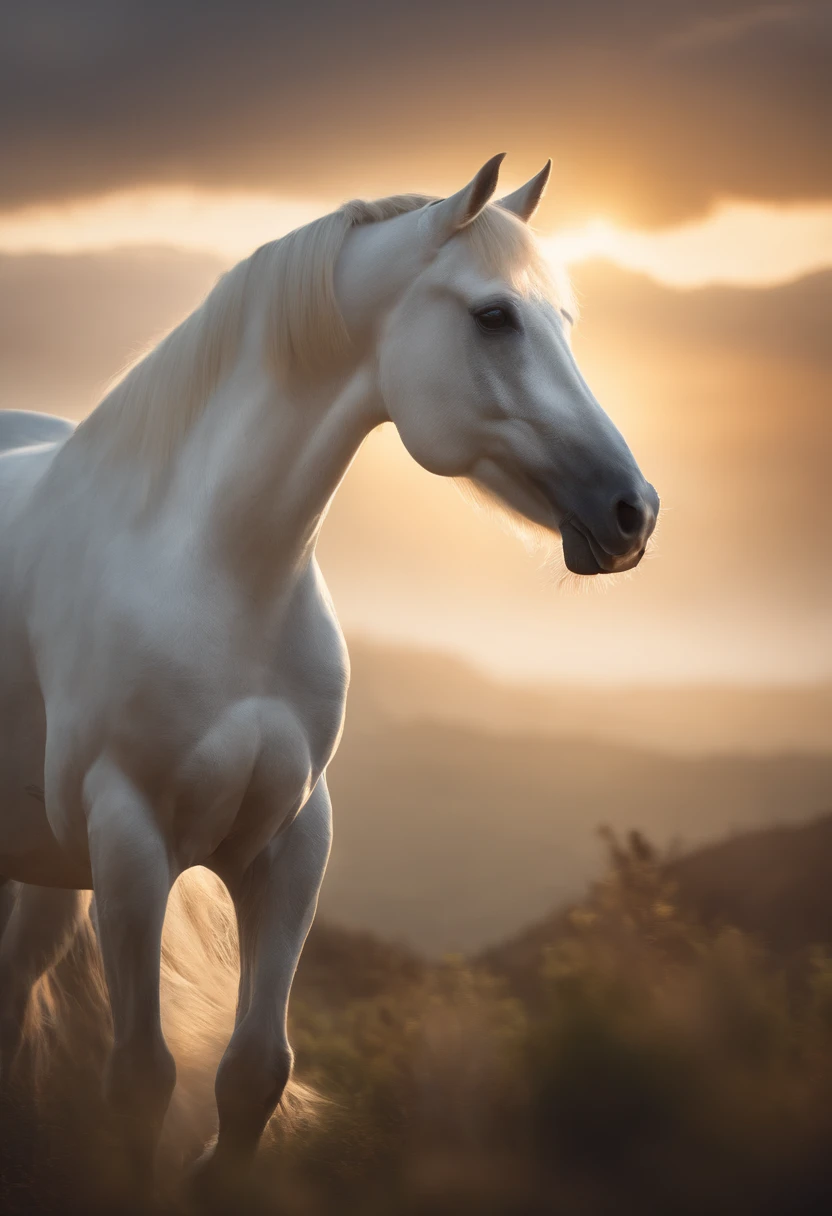 A white horse coming from the sky towards the earth. (best quality,4k,8k,highres,masterpiece:1.2),ultra-detailed,(realistic,photorealistic,photo-realistic:1.37), vivid colors, HDR, studio lighting, bokeh, physically-based rendering, extreme detail description, professional, sharp focus, ultra-fine painting, portraits
