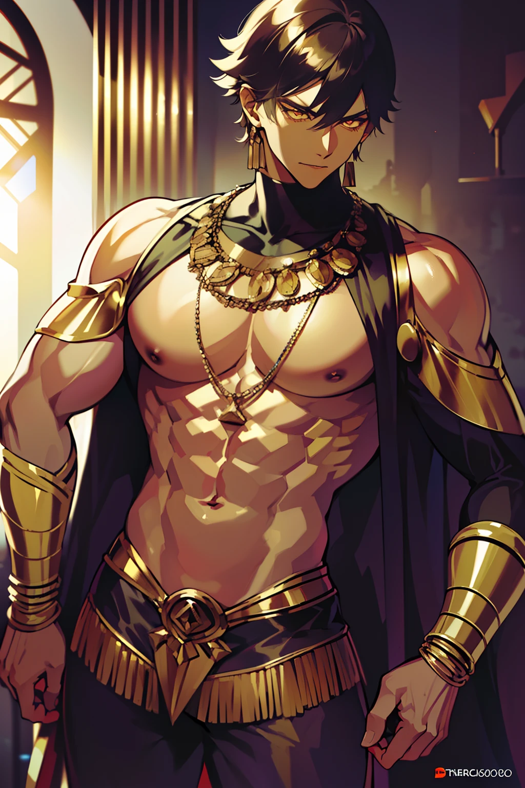 "(Ozymandias, de espaldas, trasero enorme, pose seductora, sonrisa arrogante, defined muscles, pecho prominente y grande, pecho musculoso enorme, musculos marcados, hombros anchos, ropa elegante y ajustada, fondo negro de estrellas, pecho descubierto, sin armaduras, SIN PANTALONES, sin armaduras doradas, pose sexy, poca ropa, tetas grandes, cuerpo sudado, piernas musculosas, tocandose las tetas de hombre, entrepierna marcada, gran pene, trasero enorme, VENAS MARCADAS, CUERPO MOJADO, con licor en el pecho, con crema en el cuerpo, cuerpo sudado)"