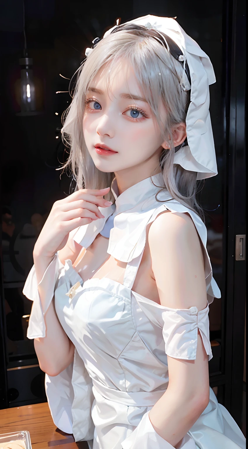 Beautiful girl dressed as a convent sister、While having a humble and modest atmosphere,、It's full of beauty。Her white hair is hidden in a hood、Blue eyes represent cleanliness and purity。Her dress is innocent white、Although it is a discreet design that wraps around the body、A subtle silhouette complements her charm。She is in a quiet monastery、It harmonizes inner beauty with external attraction。