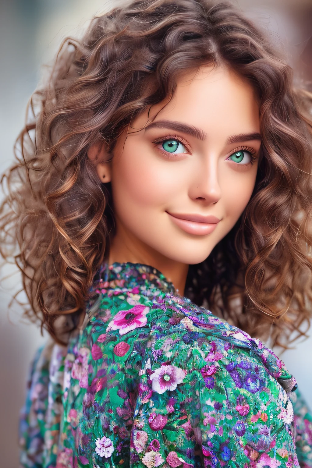 Middle distance photo of shy woman with curly hair, olhos castanhos radiantes, rosto e olhos perfeitos, Retrato suave fotografado em 8K, Medium distance photo of the perfect face, retrato de Sophie Mudd com olhos castanhos deslumbrantes, Retrato bonito do rosto, ****** com olhos castanhos, rosto perfeito), Medium Distance Portrait Showing Full Face and Hair, imagem retrato bonita, Vestindo camiseta preta de gola alta, jeans, com olhos castanhos, imagem completa, Irish Coffee Background, muito borrado, com apenas realces e sombras indistintas, imagem completa