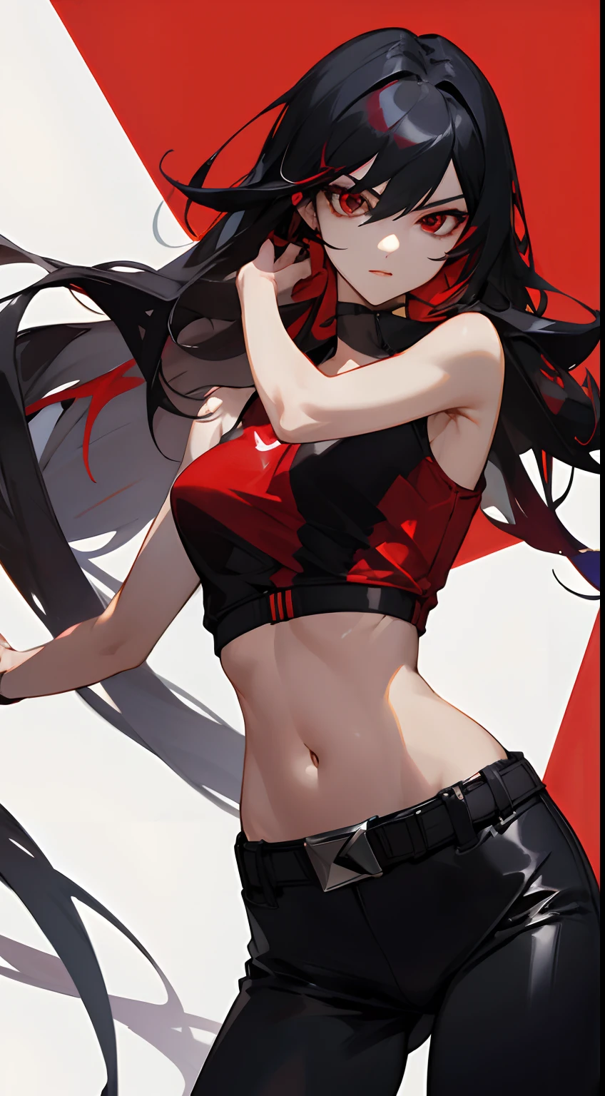 femele,Beautie,A sexy,late 20s age,Red highlights on black hair、Wave long hair,Red jacket,Bike Racer、leather pant、cross belt,Tank Tops,Navel Ejection,Slender body,Real images with delicate details,glareing,With keen eyes、Red eyes、eye liner