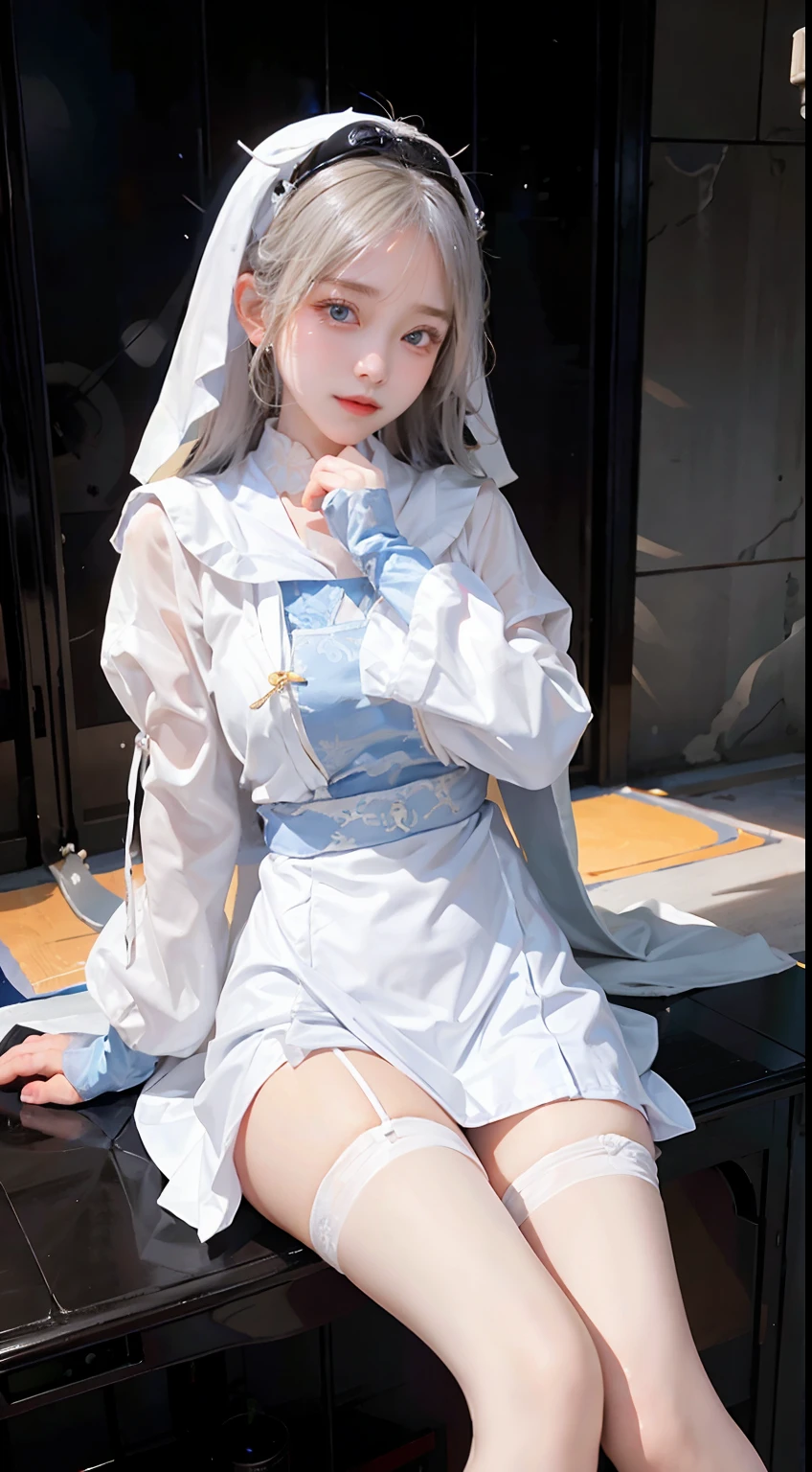 A beautiful girl dressed as a convent sister、While having a humble and modest atmosphere,、It's full of beauty。Her white hair is hidden in a hood、Blue eyes represent cleanliness and purity。Her dress is innocent white、Although it is a discreet design that wraps around the body、A subtle silhouette complements her charm。She is in a tranquil monastery、It harmonizes inner beauty with external charm。