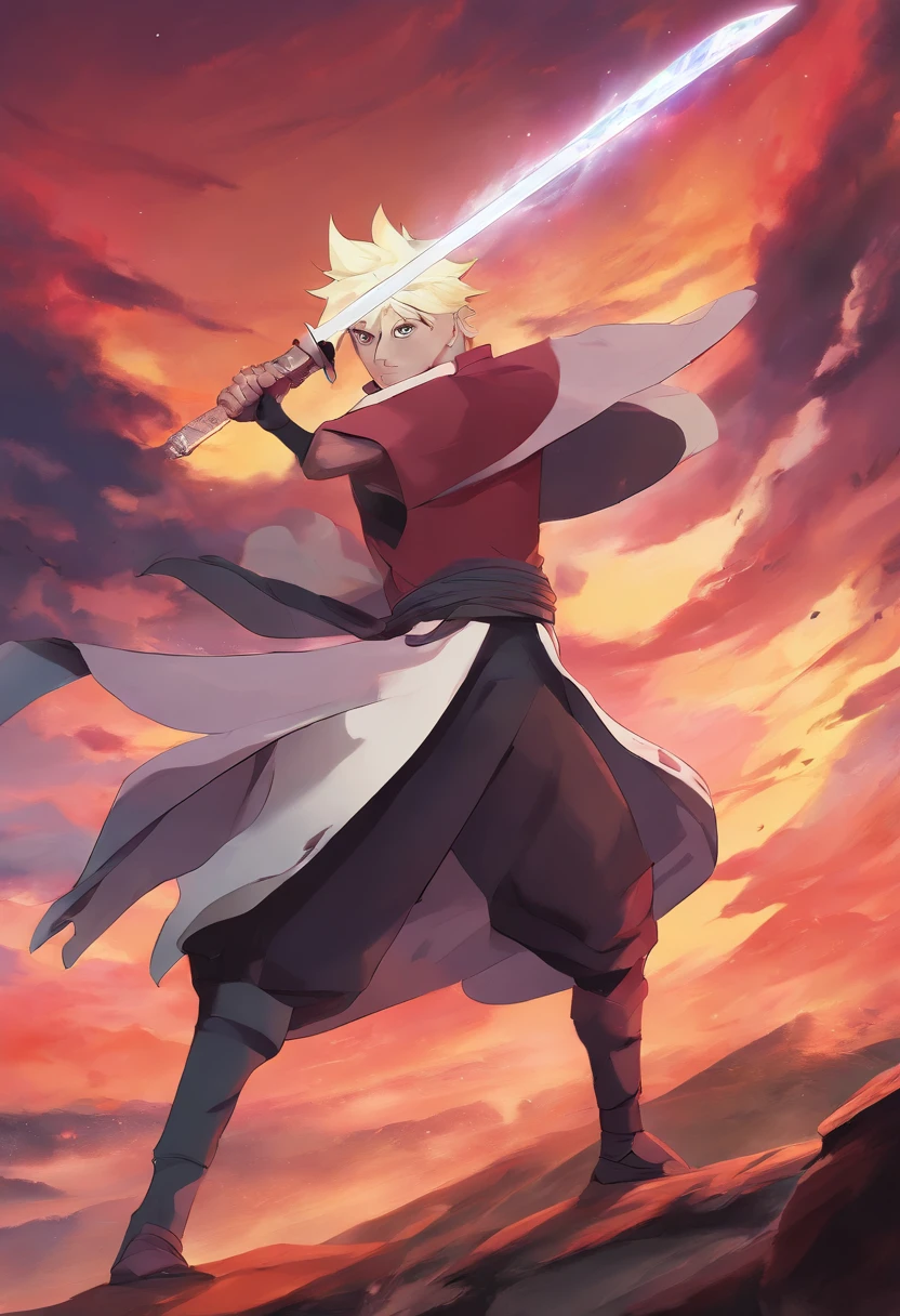 boruto holding a sword having a rinegan in his one eye an jougan in his other eye fighting agains momoshiki