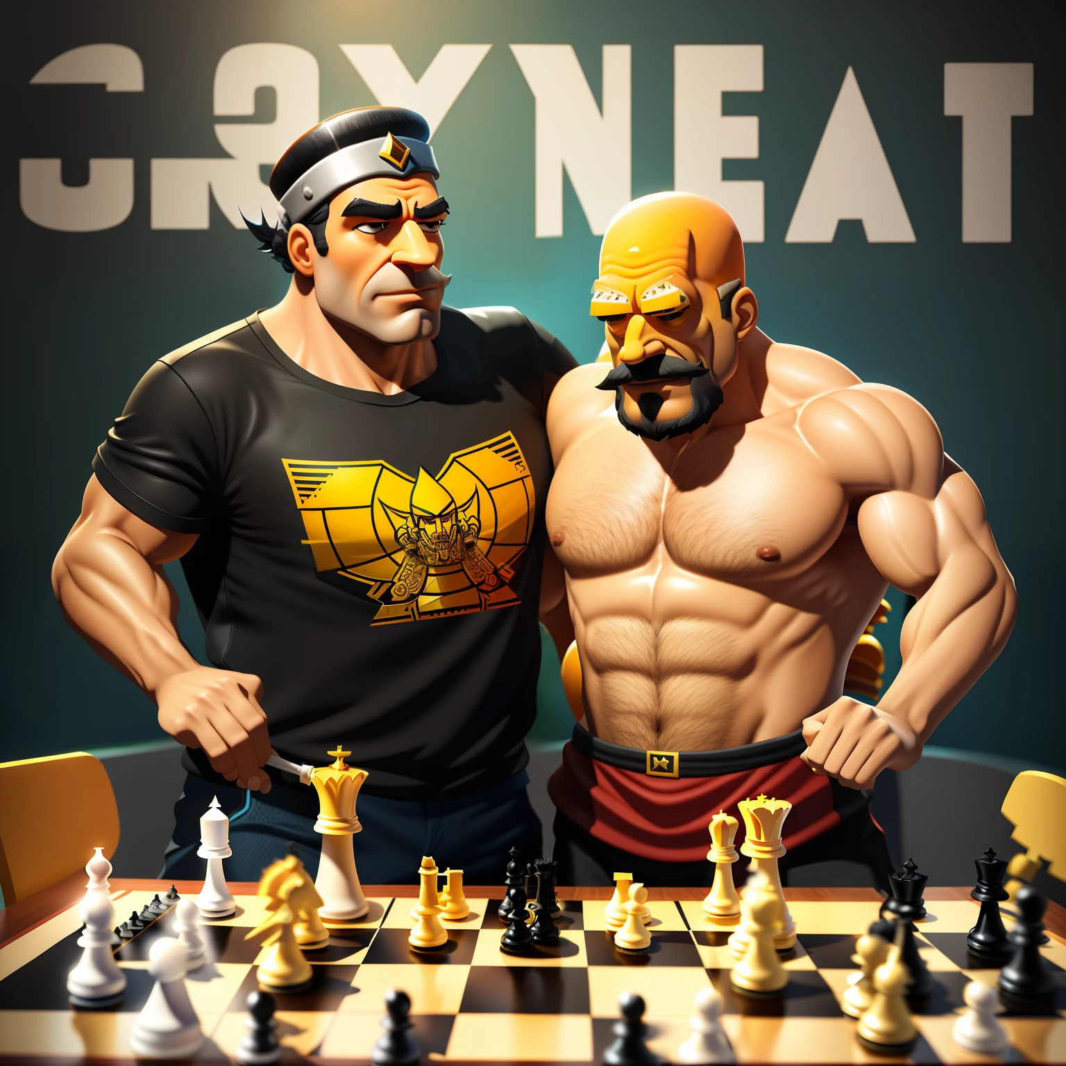 there are two men that are playing chess with each other, chess, !!playing chess!!, sylvain sarrailh and igor morski, game illustration, chess tournament, arm wrestling, surreal chess, as if homer simpson came to life, playing chess, fan art, 3 d epic illustrations, goro and kunkle, vray and arnold, funny illustration