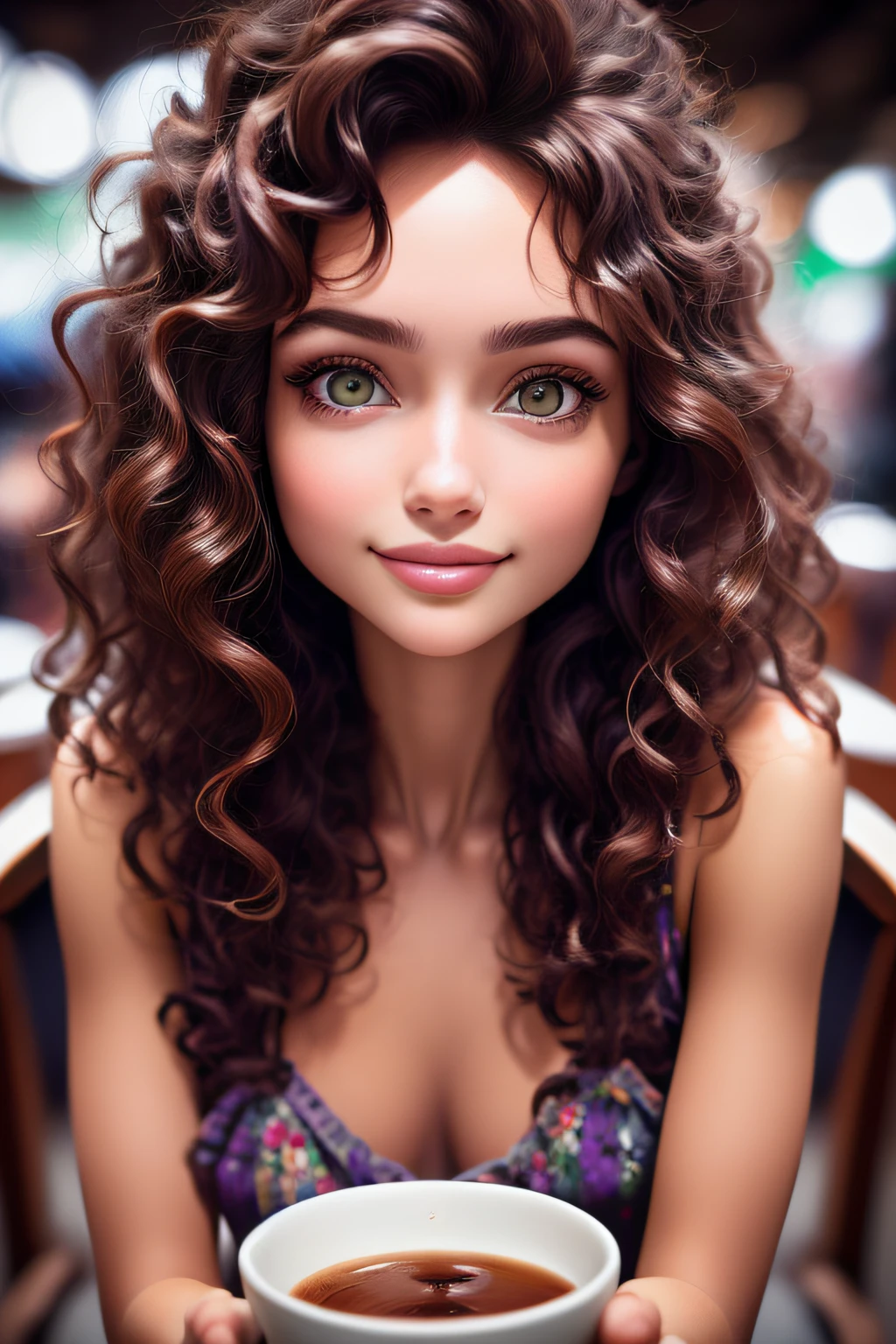 Middle distance photo of shy woman with curly hair, olhos castanhos radiantes, rosto e olhos perfeitos, Retrato suave fotografado em 8K, Medium distance photo of the perfect face, retrato de Sophie Mudd com olhos castanhos deslumbrantes, Retrato bonito do rosto, ****** com olhos castanhos, rosto perfeito), Medium Distance Portrait Showing Full Face and Hair, imagem retrato bonita, Vestindo camiseta preta de gola alta, jeans, com olhos castanhos, imagem completa, Irish Coffee Background, muito borrado, com apenas realces e sombras indistintas, imagem completa