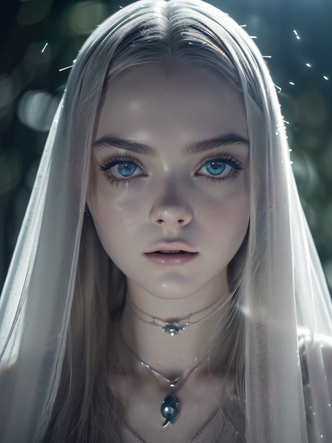 Elle Fanning uma fada da floresta, vestido rodado verde com folhas, peitos grandes, cintura fina e pernas grossas, sexy e elegante)))(((A perfect and definitive idol that captivates everyone, olhos brilhantes super detalhados sem defeitos, lugar sombrio e misterioso, Dramatic and sinister nighttime ambient lighting giving an air of suspense and horror movie, Olhar ganancioso convidando um homem、cabelos intrincados、９Perfect head and body figure、Linha de Corpo Perfeita、 Figura fina、Enfatizar a clivagem、Tiroteio RAW、photorealistic cinematic render、hyperrealistic rendering、foto retrato、night time render、Fotos gerais coesas、texturas de pele realistas、alta qualidade、alto detalhado、mais alta qualidade、alta resolubilidade、HDR 8K、Rastreamento de raio、canon.