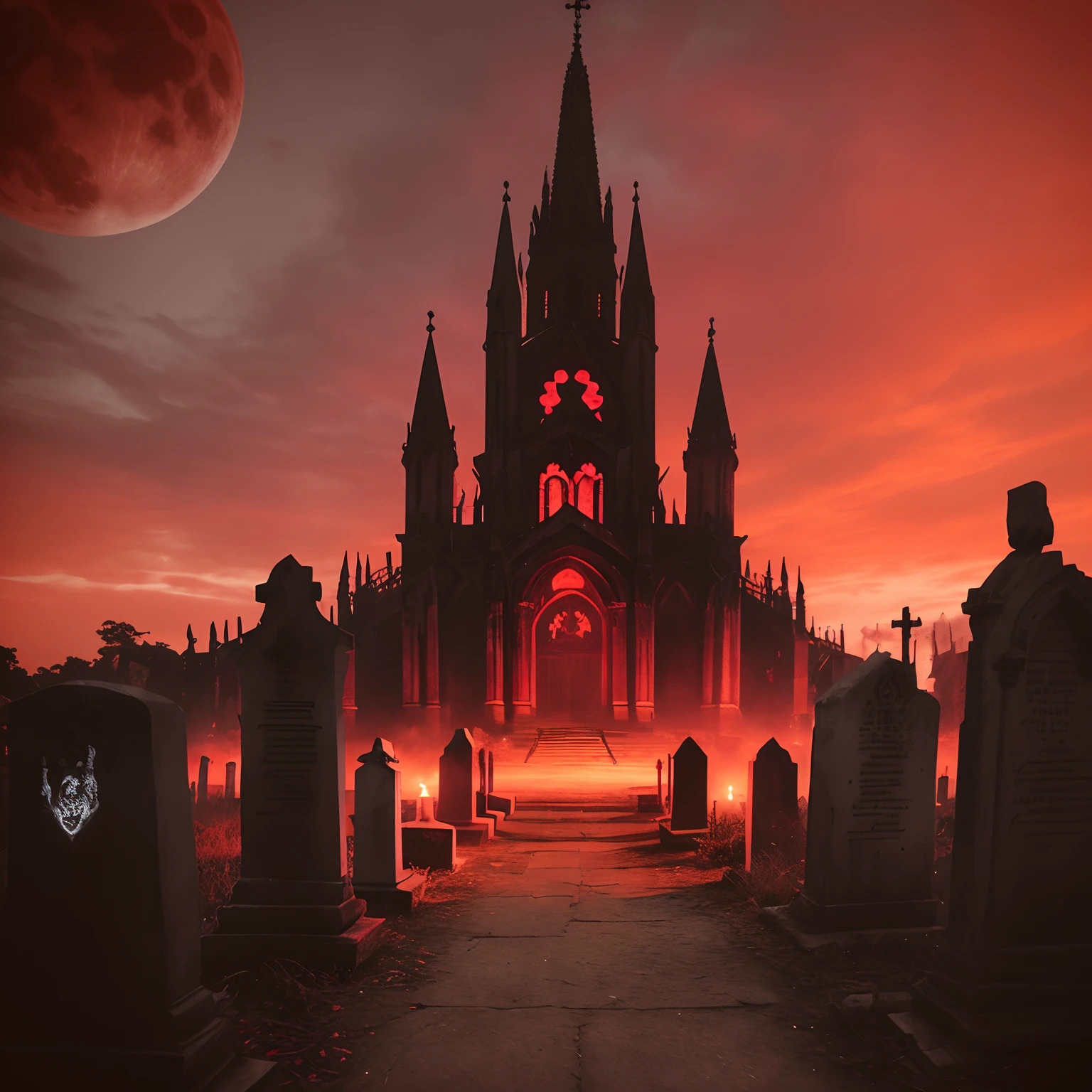 Arafed image of a Gothic church with a red sky, gothic church background, Templo do sangue, dark gothic cathedral, mysterious red sky, Gothic ambiance, scary gothic architecture, inside a dystopian gothic, gothic background, Lua vermelha de sangue, Dark cemetery scene, gothic mansion, sinister demonic atmosphere, scary magical background, Catedral Bloodborne, durante uma lua de sangue, fundo da lua de sangue