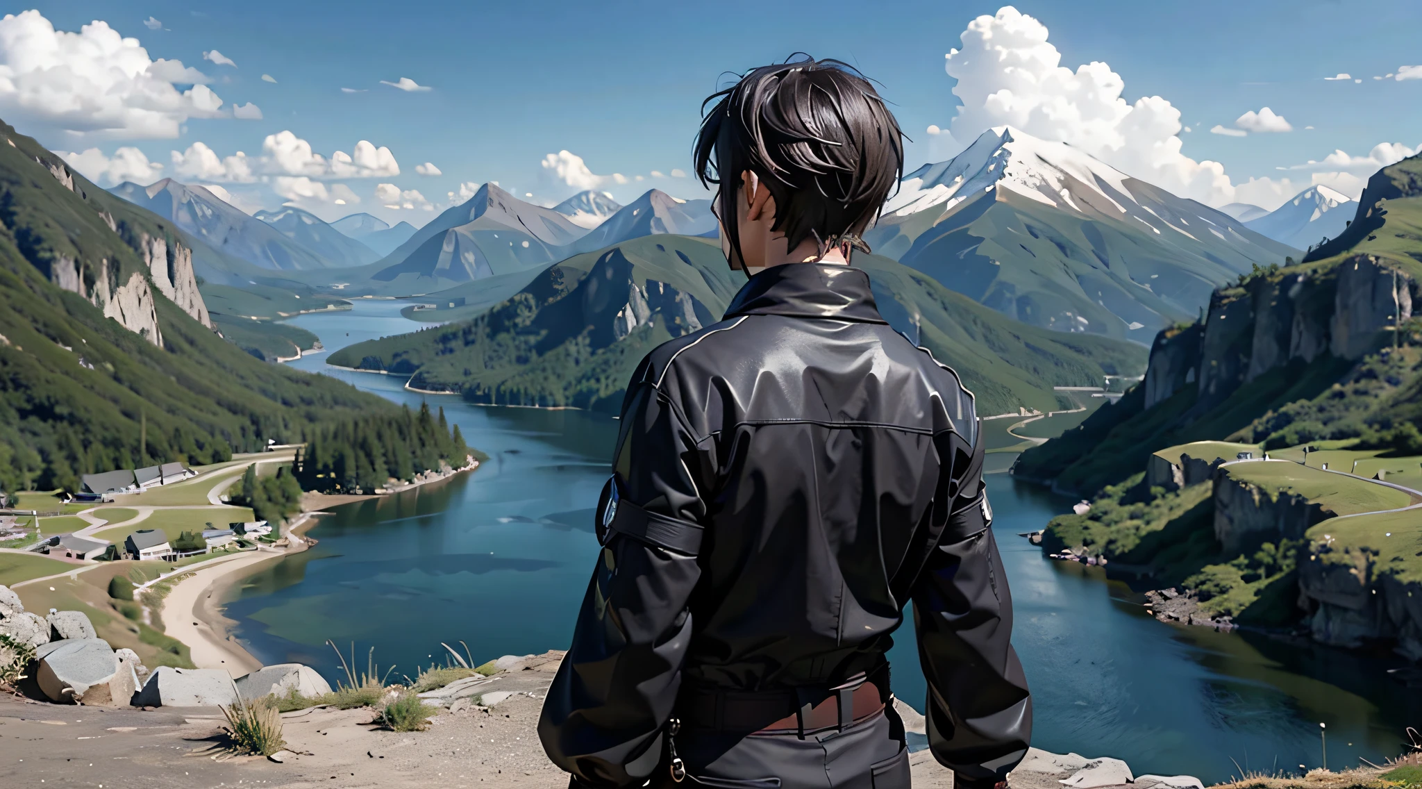 back view, 1boy, kirito SAO, katana in hand , short hair, mountains , windy