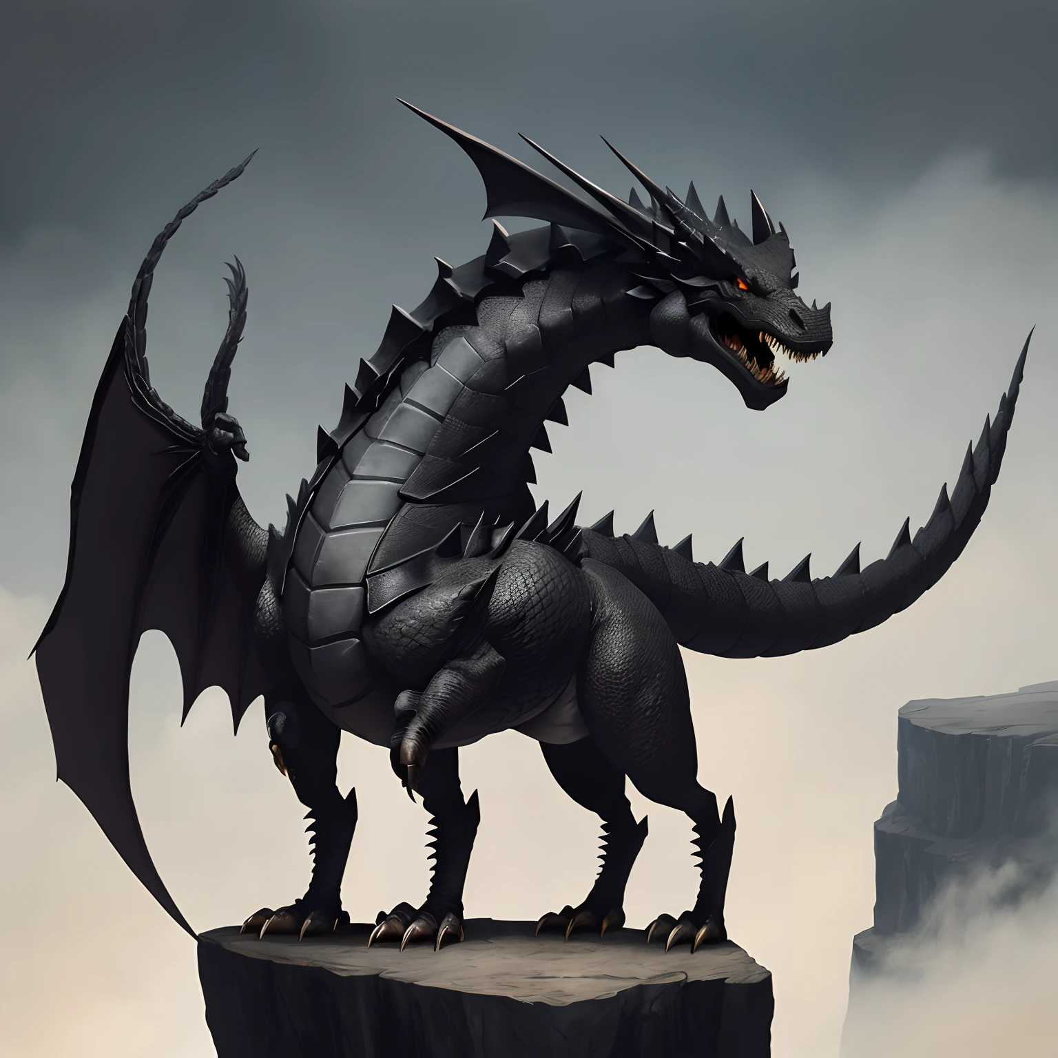 Black dragon, tusk on the side of mouth, standing on four legs, on a cliff