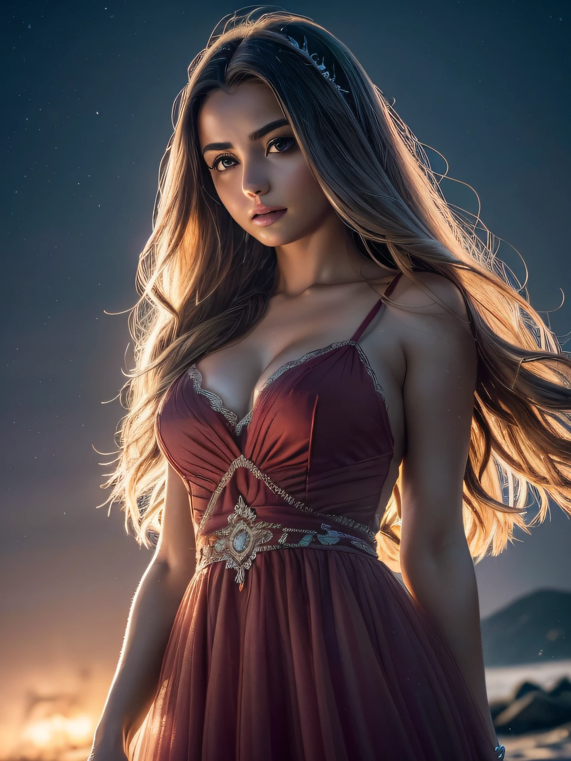 Ana De Armas uma linda princesa alfa muito atraente em um longo vestido vermelho de tule com cristais ornamentos sua pele e tecido, longos cabelos brancos como a neve, floresta, Chuva, orelhas pontudas, Pele Delicada, branca e rosada, Seios grandes e volumosos, decote longo e sensual, Warm and romantic backlight like a sunset)))(((A perfect and definitive idol that captivates everyone, olhos brilhantes super detalhados sem defeitos, lugar sombrio e misterioso, Dramatic and sinister nighttime ambient lighting giving an air of suspense and horror movie, Olhar ganancioso convidando um homem、cabelos intrincados、9Perfect head and body figure、Linha de Corpo Perfeita、 Figura fina、Enfatizar a clivagem、Tiroteio RAW、photorealistic cinematic render、hyperrealistic rendering、foto retrato、night time render、Fotos gerais coesas、texturas de pele realistas、alta qualidade、alto detalhado、mais alta qualidade、alta resolubilidade、HDR 8K、Rastreamento de raio、canon.