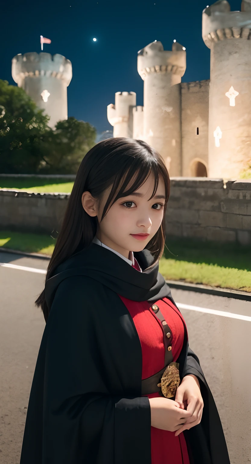 (top-quality、​masterpiece:1.2)、Best Quality、realisitic、photoshot、hight resolution、1080p、8K、Textured skin、Physical Rendering、1 Japan 、girl with、High school students、kawaii、Young Face、Farbe々Hairstyle、(Vampire:1.5、Red and black dress、Black cloak)、((Castles、Night:1.5))、full of shyness、smil、Big