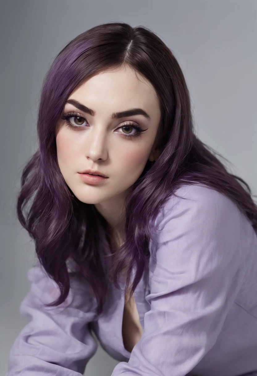 Sasha Grey sitting at a couch and crossed her legs, barefooted and wearing comfy clothes and pants, (photography), (best quality:1.5), (shredded and cropped purple hair), (blushed cheek, eyeliner, brown eyeliner and shadow), (clear eyes), textured skin, [hyper realistic],  face close, 80mm, soft focus , film grain:1.2