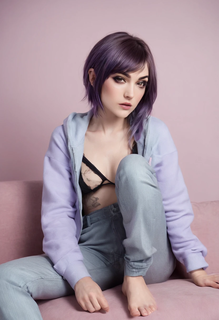 Sasha Grey sitting at a couch and crossed her legs, barefooted and wearing comfy clothes and pants, (photography), (best quality:1.5), (shredded and cropped purple hair), (blushed cheek, eyeliner, brown eyeliner and shadow), (clear eyes), textured skin, [hyper realistic],  face close, 80mm, soft focus , film grain:1.2
