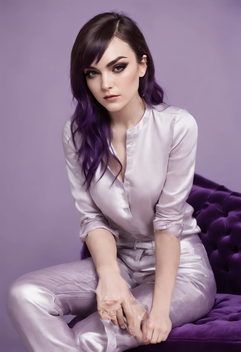 Sasha Grey sitting at a couch and crossed her legs, barefooted and wearing comfy clothes and pants, (photography), (best quality:1.5), (shredded and cropped purple hair), (blushed cheek, eyeliner, brown eyeliner and shadow), (clear eyes), textured skin, [hyper realistic],  face close, 80mm, soft focus , film grain:1.2