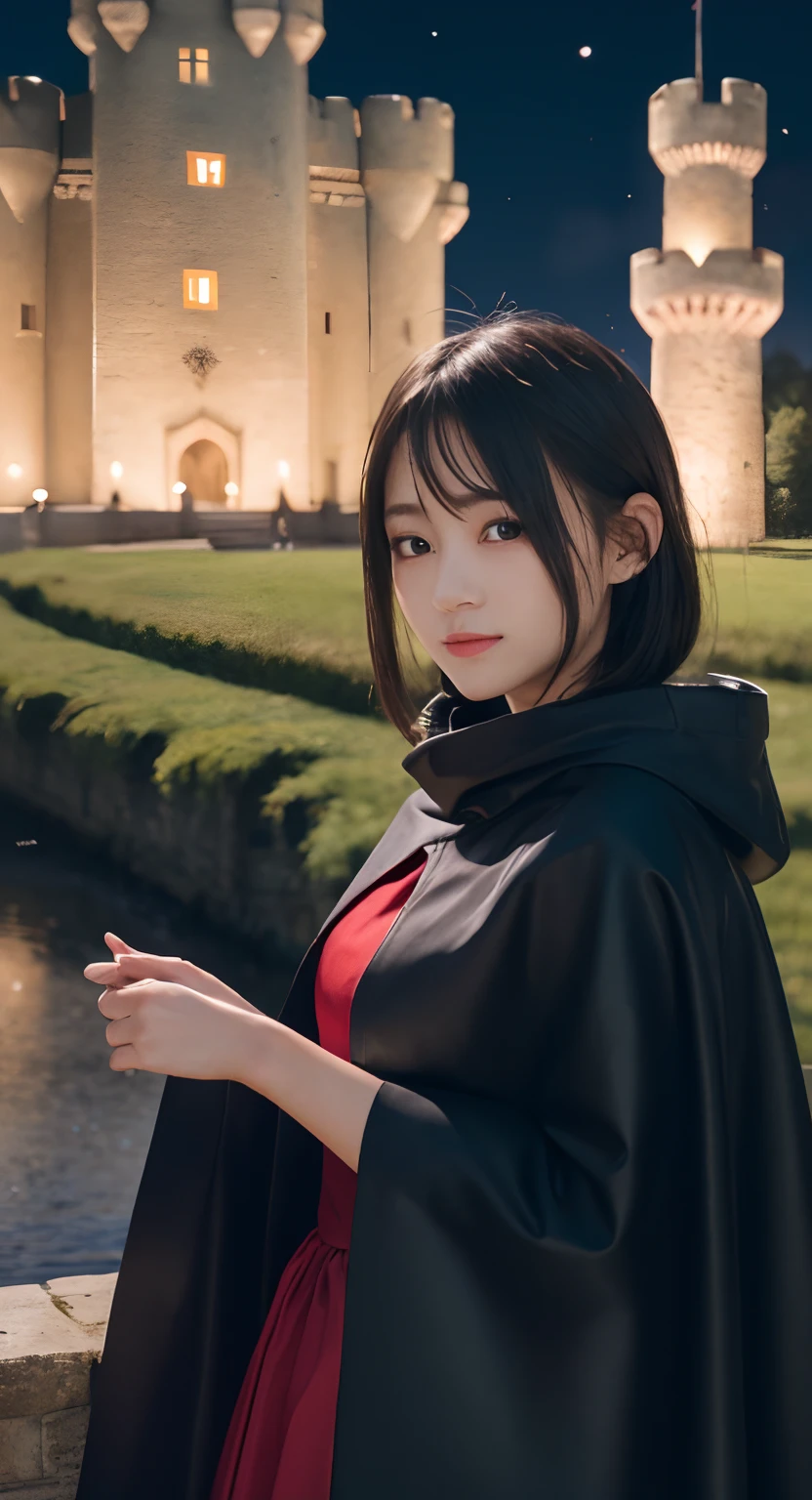 (top-quality、masterpiece:1.2)、Best Quality、realisitic、photoshot、hight resolution、1080p、8K、Textured skin、Physical Rendering、1 Japan 、girl with、High 、kawaii、Young Face、Farbe々Hairstyle、(Vampire:1.5、Red and black dress、Black cloak)、((Castles、Night:1.5))、full of shyness、smil、Big