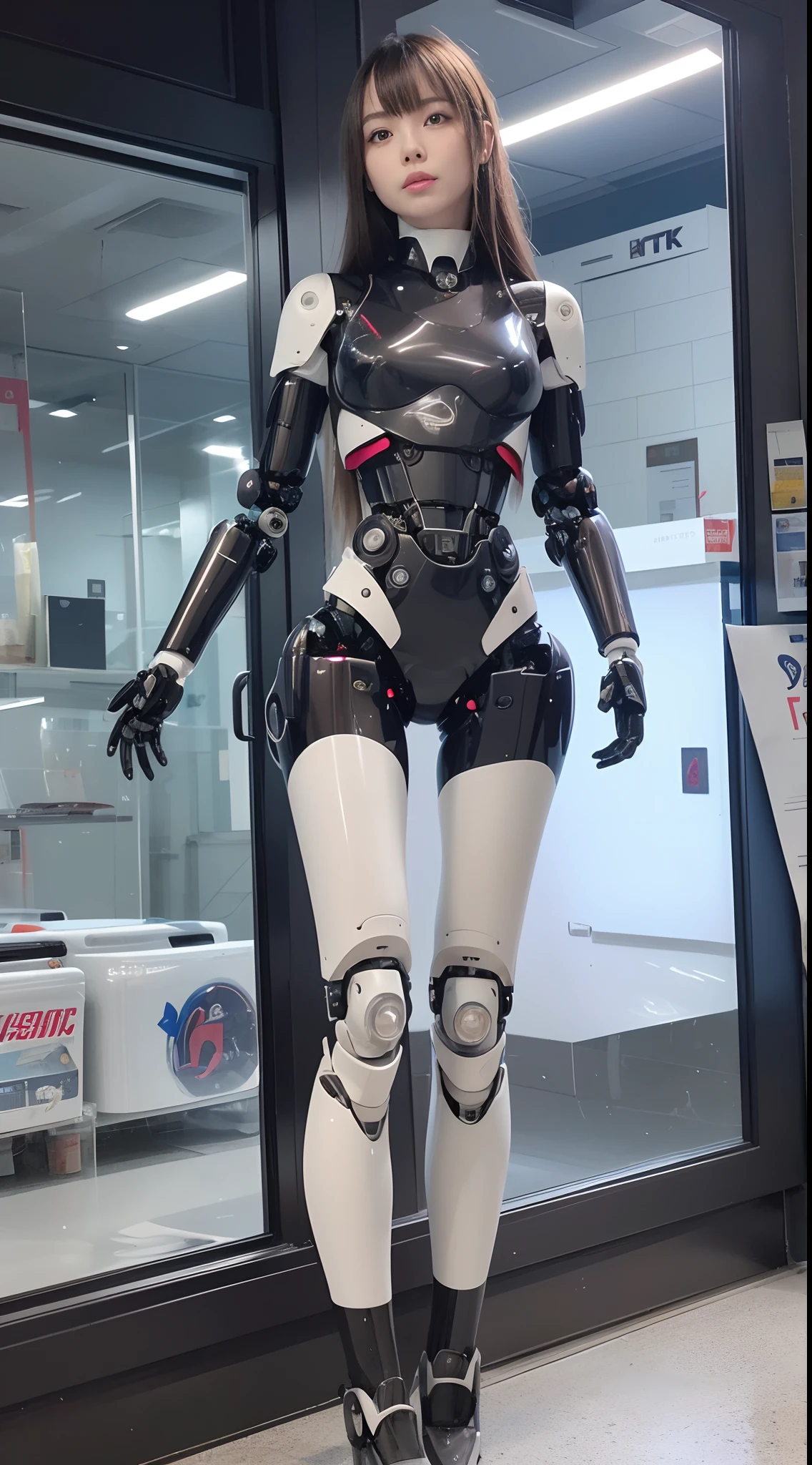 ((Robot Girl, mechs)), Glowing eyes, Delicate face, broken armor, Mechanical aura, Mechanical arm, mechanical leg, Brown hair, Long hair, ceramic body, Thigh gap, tiny chest, cyber background, akihabara, (translucent, reflection skin), 8K, Best Quality, Ultra-detailed, (surrealism: 1.4), Perfect Robot Girl, Perfect machine body