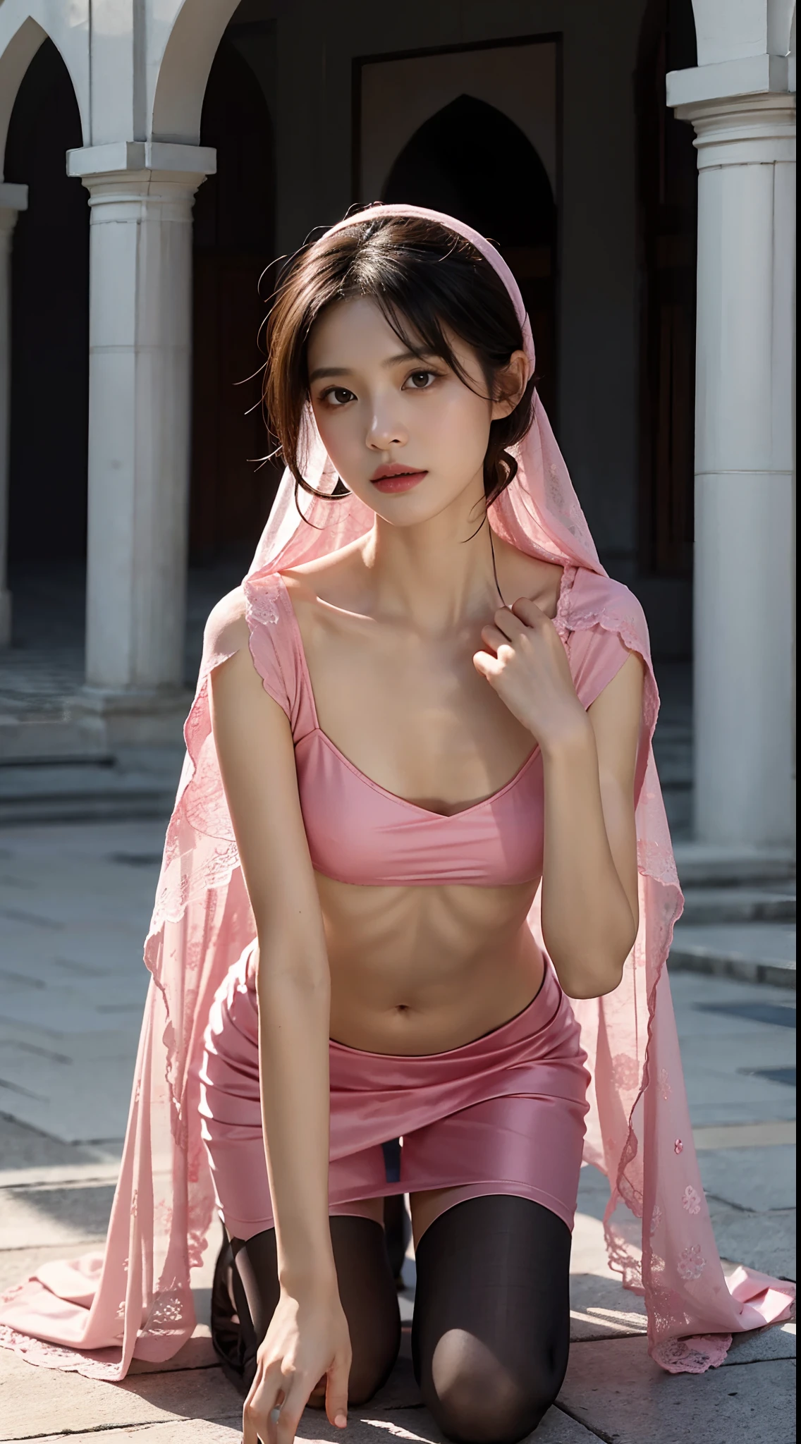 (Tomboyish,small head), (short-length straighthair: 1.2), Black hair,（极其细致的CG 8k壁纸），（Extremely refined and beautiful），（tmasterpiece），（best qualtiy：1.0），（超高分辨率：1.0），[A high resolution]，Smooth and flawless fair skin，ultra - detailed,a girl,Slim,emaciated,Wearing an Arabic pink headscarf，Face obscured by pink veil,Gorgeous pink abaya,pink pantyhose,big breasts,towering chest,Collarbone, cleavage, navel,in front of a large mosque,Kneeling upright on the ground，from front,in meditation,kindly,close shot,cowboy shot,upper body,Portrait photo