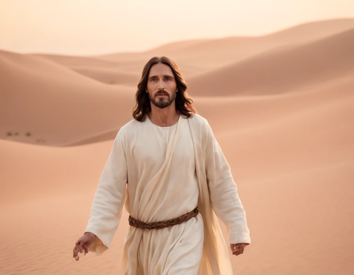 Jesus Cristo andando no deserto, vestes brancas e brilhantes, rosto sereno, wide angle, imagem 8k Ultra HD Ultra realista