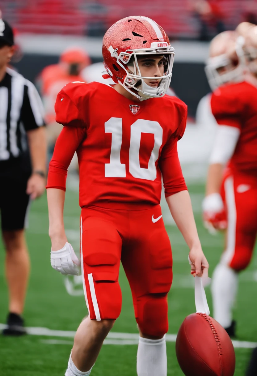 Create an image of Timothee Chalamet wearing a cheerleader outfit and behind him is Shawn Mendes wearing american football uniform after practice on the field