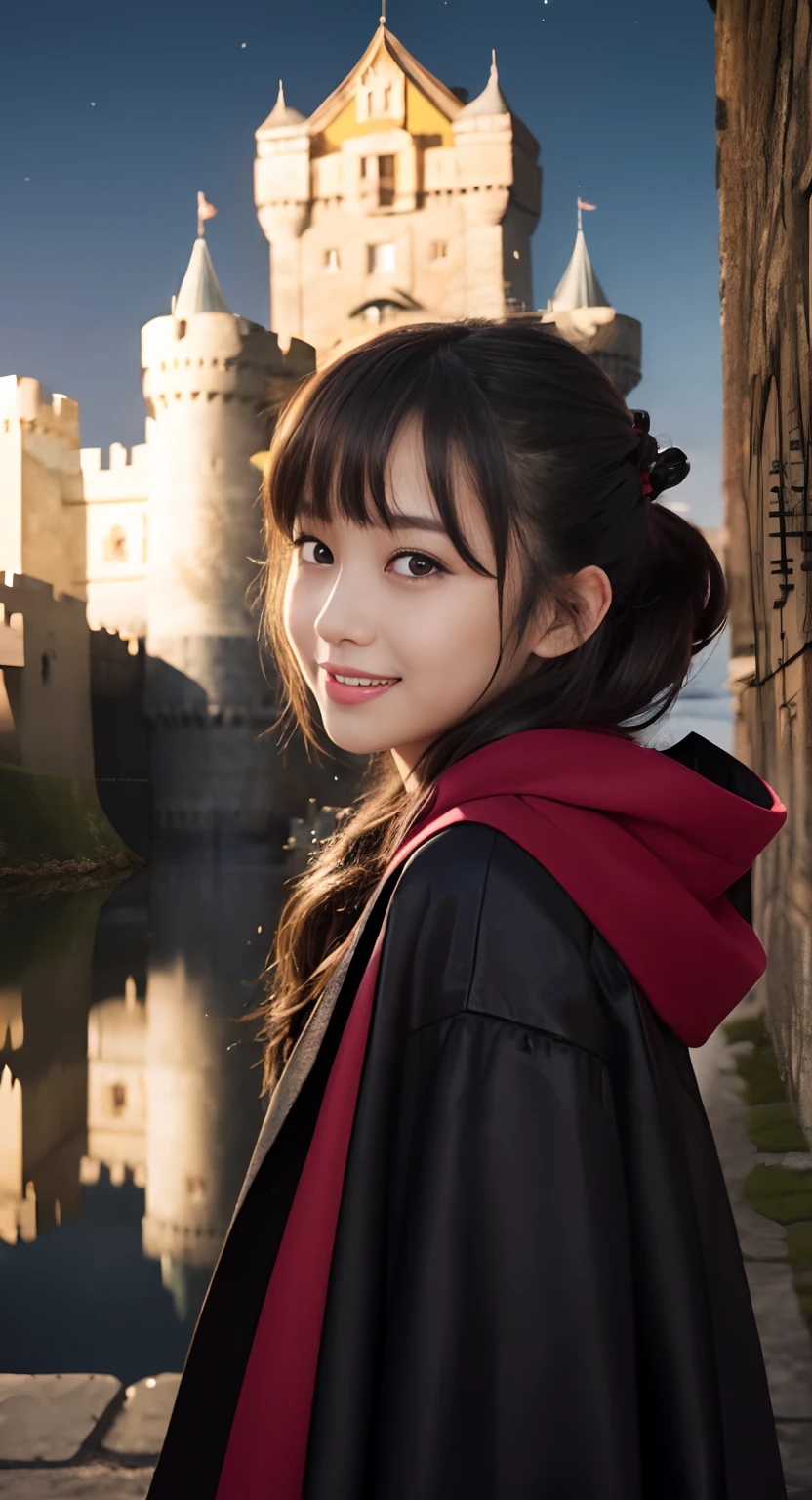 (top-quality、masterpiece:1.2)、Best Quality、realisitic、photoshot、hight resolution、1080p、8K、Textured skin、Physical Rendering、1 Japan 、girl with、High school students、kawaii、Young Face、Farbe々Hairstyle、(Vampire:1.5、Red and black dress、Black cloak)、((Inside the castle、Night:1.5))、full of shyness、smil、Big