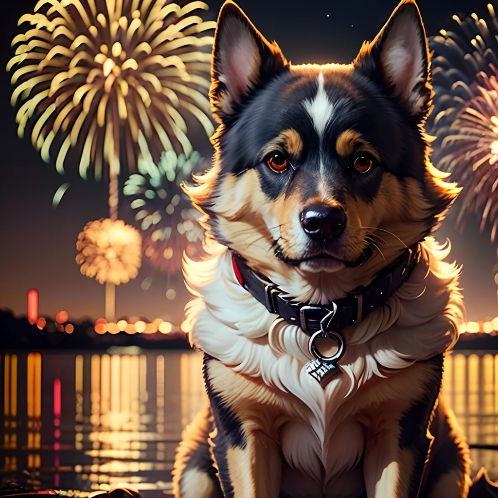 dog silhouette, night, fireworks, golden, yellow --auto --s2