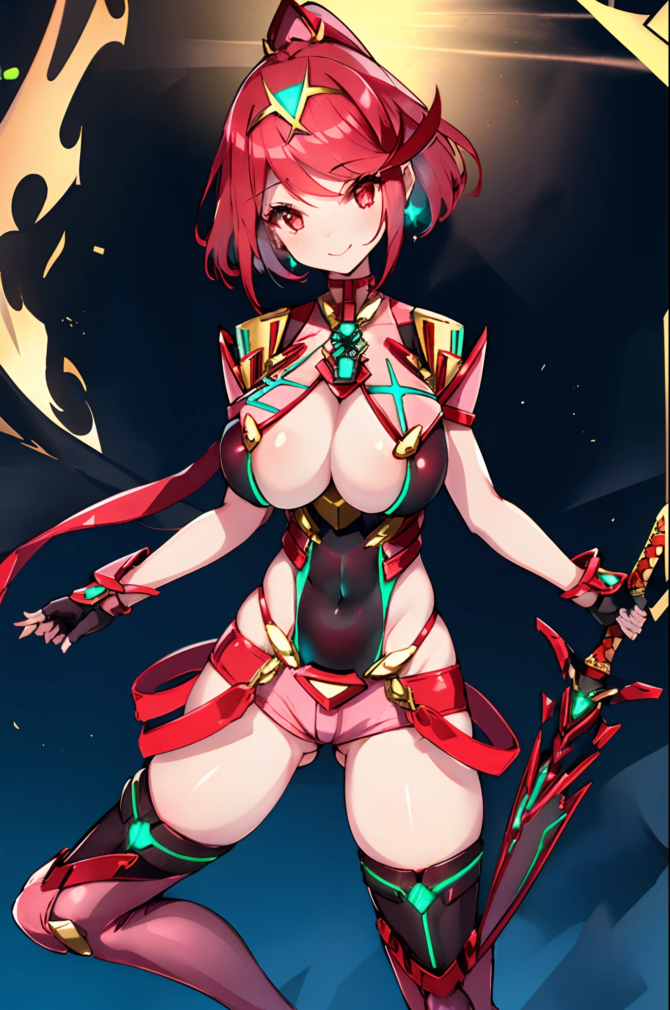 pyra \(xenoblade\), _1girl, lolibangs, black gloves, breasts, red eyes, shout, earrings, eyelashes, fingerless gloves, floating hair, , gem, gloves, hair ornament, headpiece, jewelry, gigantic_breasts, leaning back, swimsuit, neon trim, official art, pose, red hair, saitou masatsugu, short hair, sidelocks, skin tight, solo, swept bangs, thighhighs, tiara, fantasy_town_background, underbust, xenoblade chronicles \(series\), (xenoblade chronicles 2), (spread_legs:1.1), fire_effect,dynamic_pose,fighting,light_smile, (plump:1.1), big_ass,huge_sword, hold_large_sword_hilt, covered_nipples, covered_pussy, fists,ponytail,beautiful_fingers,(solo:1.1), bare_shoulder,(shoulder_naked:1.2), nipple_jewel,back, back_view, focus_ass,ass, (very_short_shorts:1.3),(lise_leg:1.3)